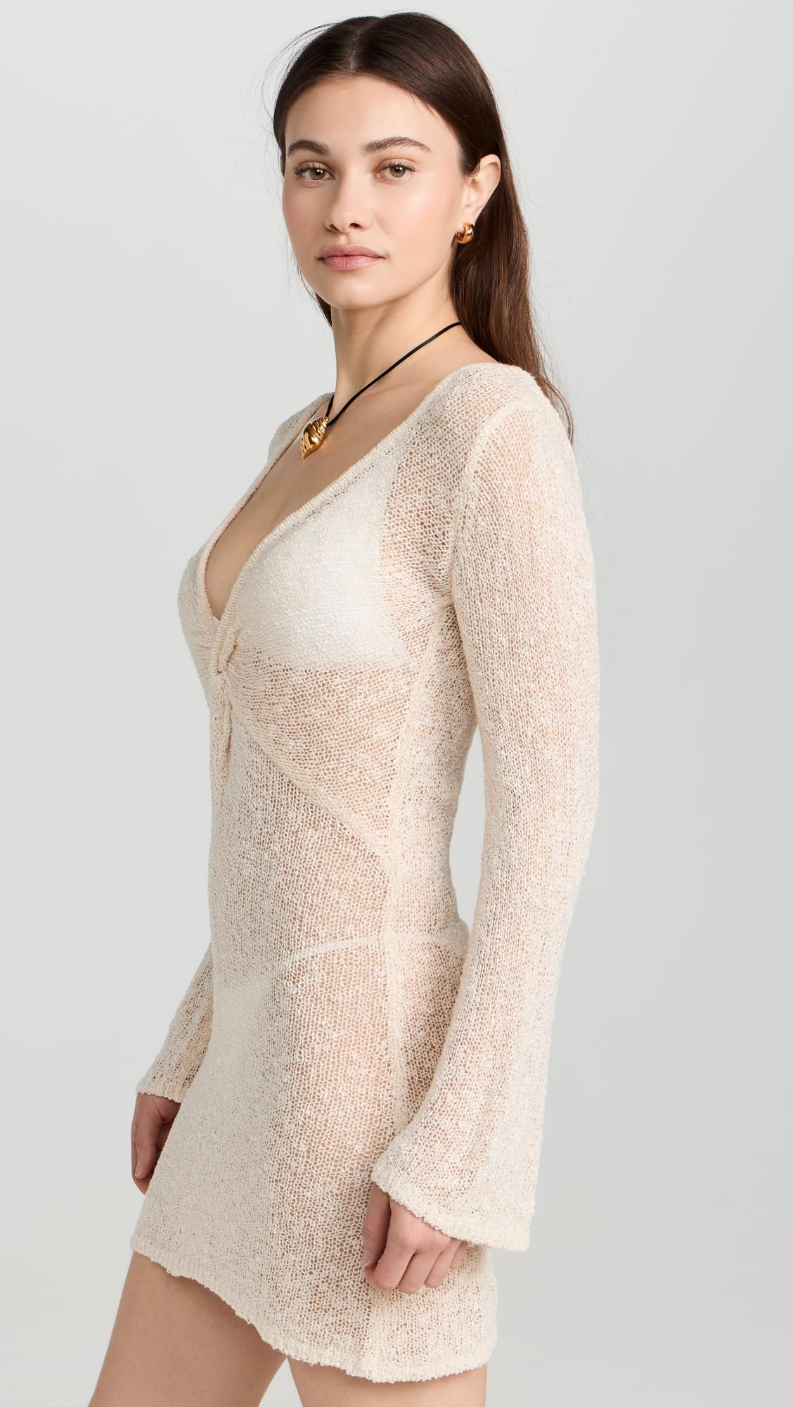 L*Space Women's Knit Sweater Mini Dress with Long Bell Sleeves, Deep V-Neck & Twist Detail - Beach Cover Up, Resort Wear & Casual Summer Outfit