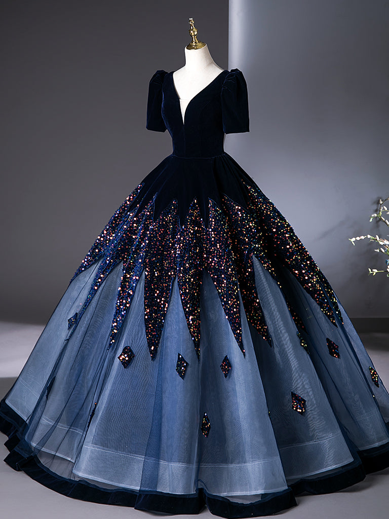 Elegant A-Line V-Neck Velvet Tulle Dark Blue Long Prom Dress | Formal Evening Gown for Women | Perfect for Homecoming, Ball, and Special Occasions
