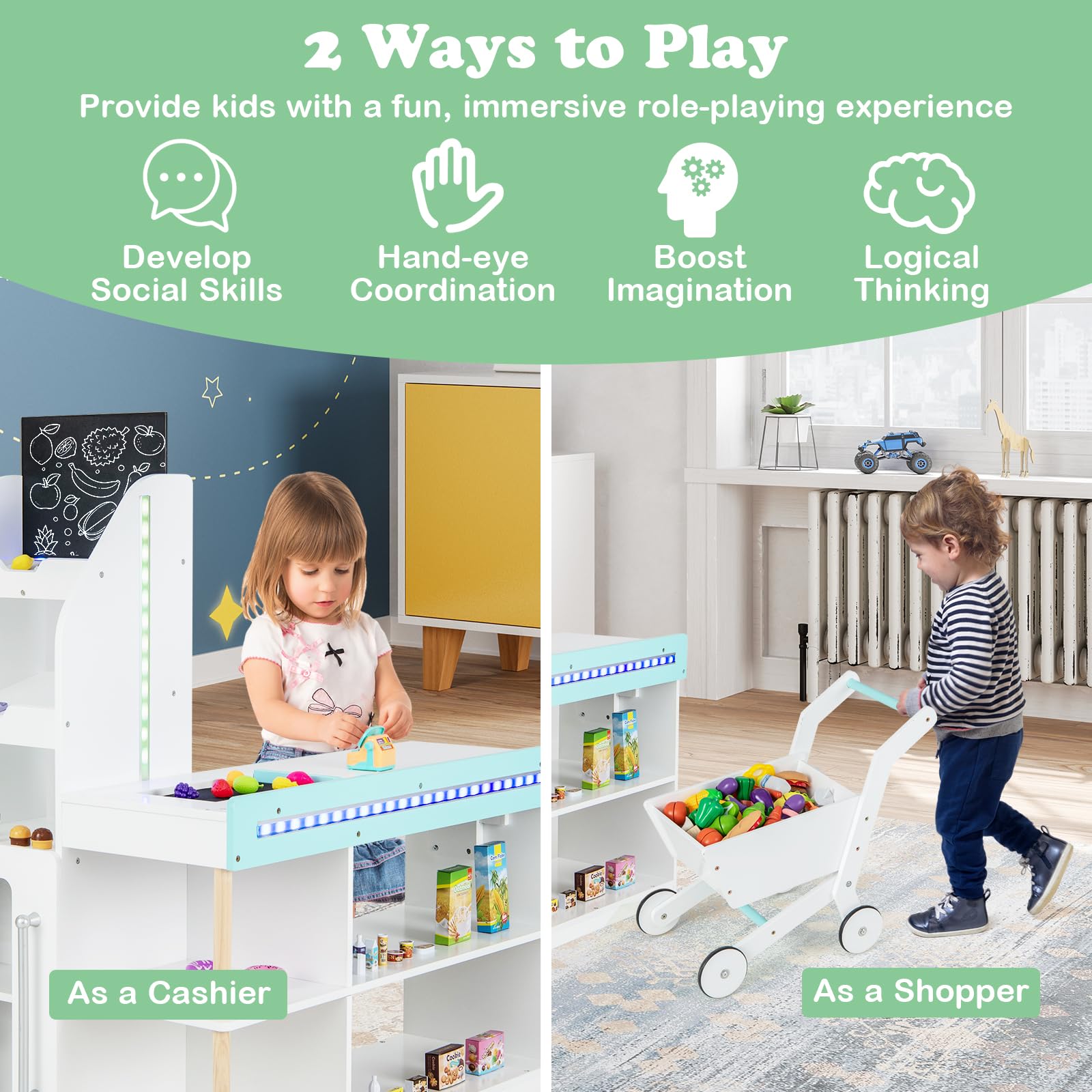 HONEY JOY Kids Wooden Grocery Store Playset with Cash Register & Working Conveyor Belt - Pretend Play Supermarket Toy with Checkout Counter, Lights & Food Accessories - Educational Role Play for Toddler Boys & Girls (White) - Perfect for Home, Classroom & Daycare Pretend Play Activities