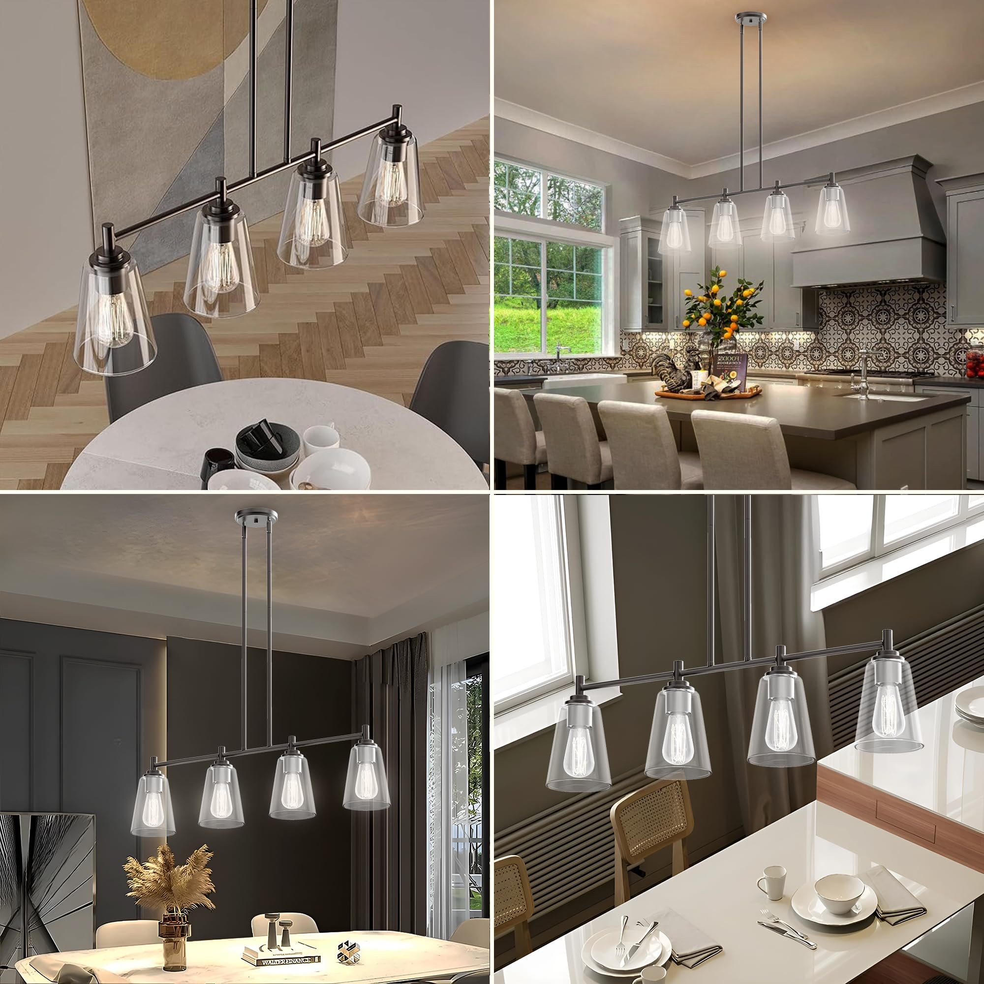 LEDMyplace 4-Light Linear Pendant Light Fixture - Oil Rubbed Bronze Farmhouse Chandelier with Clear Glass Shades - E26 Base (Bulbs Not Included) - Perfect for Kitchen Island, Dining Room, Bedroom & Modern Farmhouse Decor