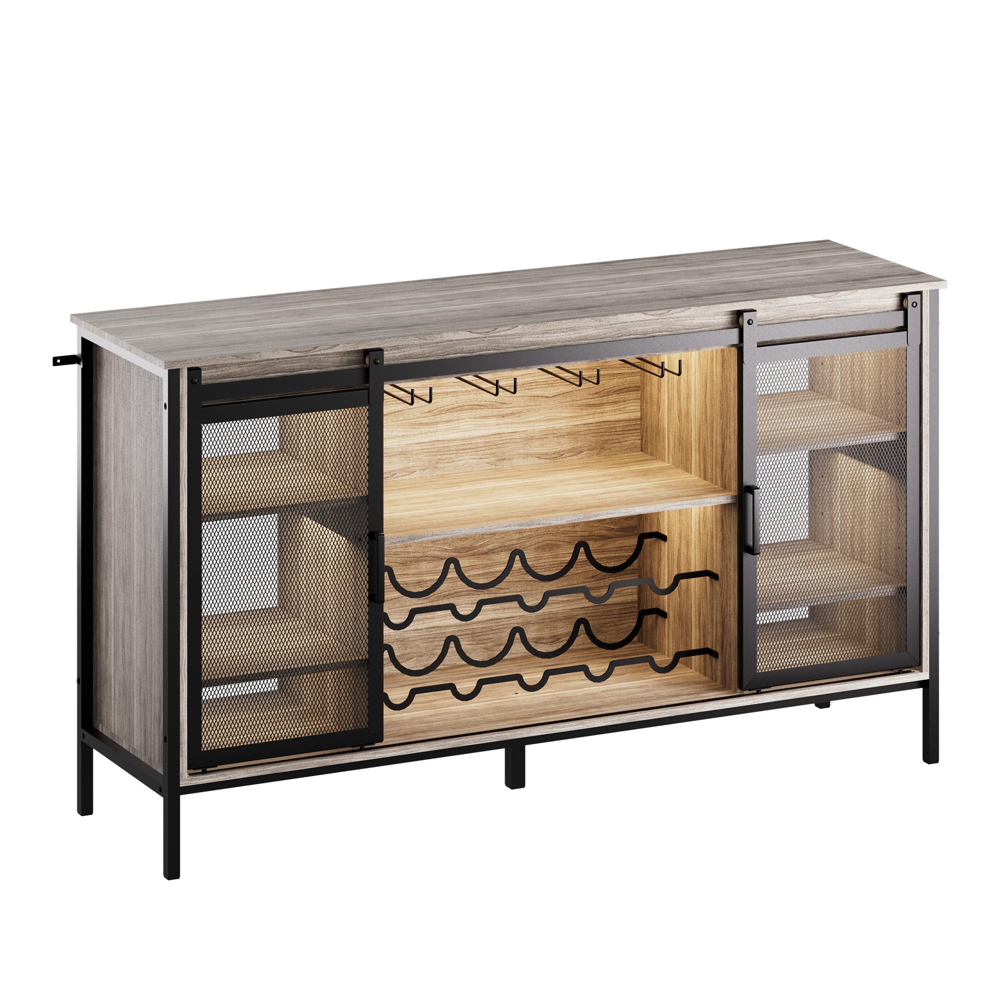 QNICE LED Industrial Wine Bar Cabinet with Sliding Barn Door - Farmhouse Sideboard Buffet Storage for Liquor, Glasses & Coffee Bar - Rustic Dark Finish for Kitchen, Dining Room & Home Bar Decor