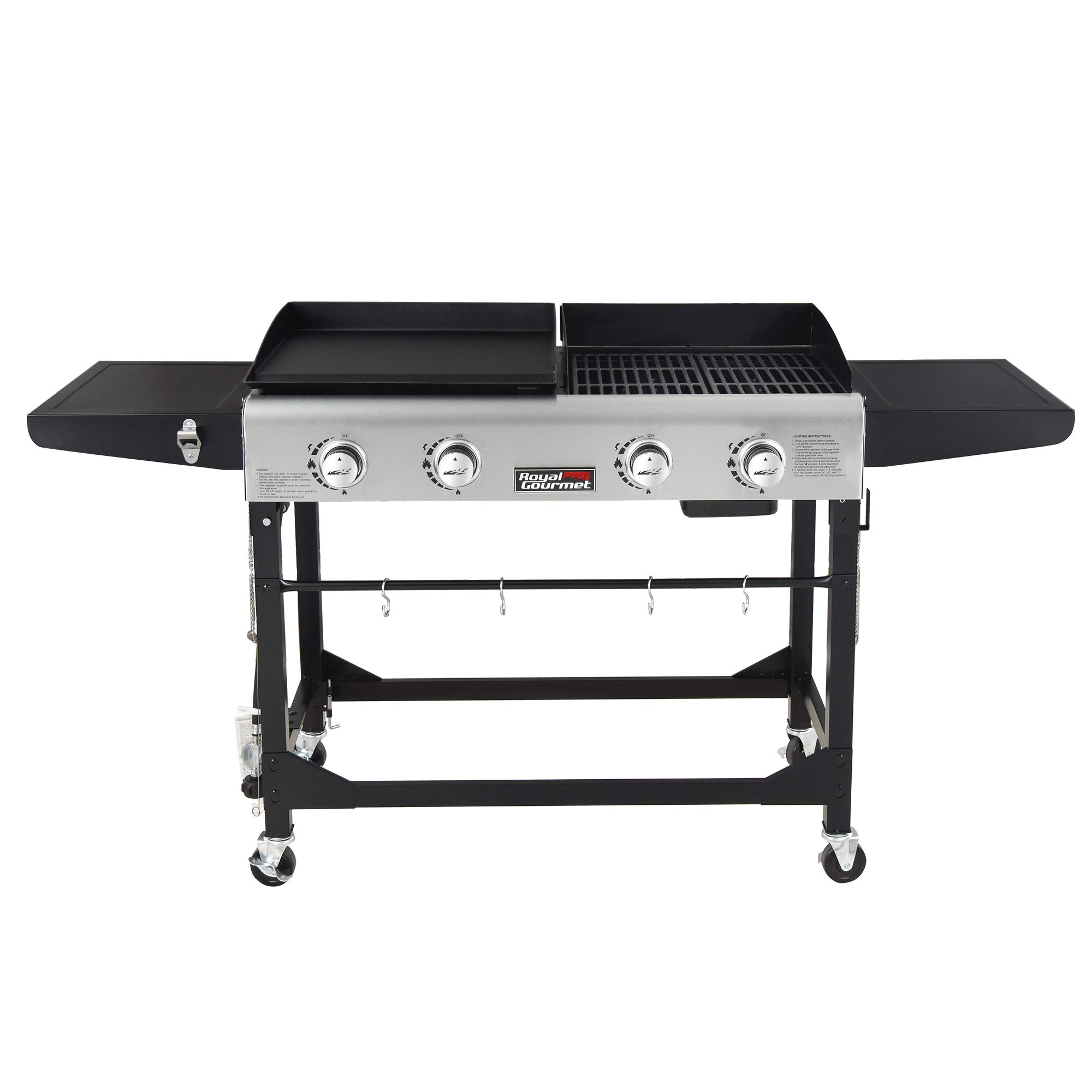 Royal Gourmet GD401 4-Burner Portable Propane Gas Grill & Griddle Combo with Side Table & Folding Legs | Outdoor BBQ, Camping, Tailgating, Backyard Cooking | Black
