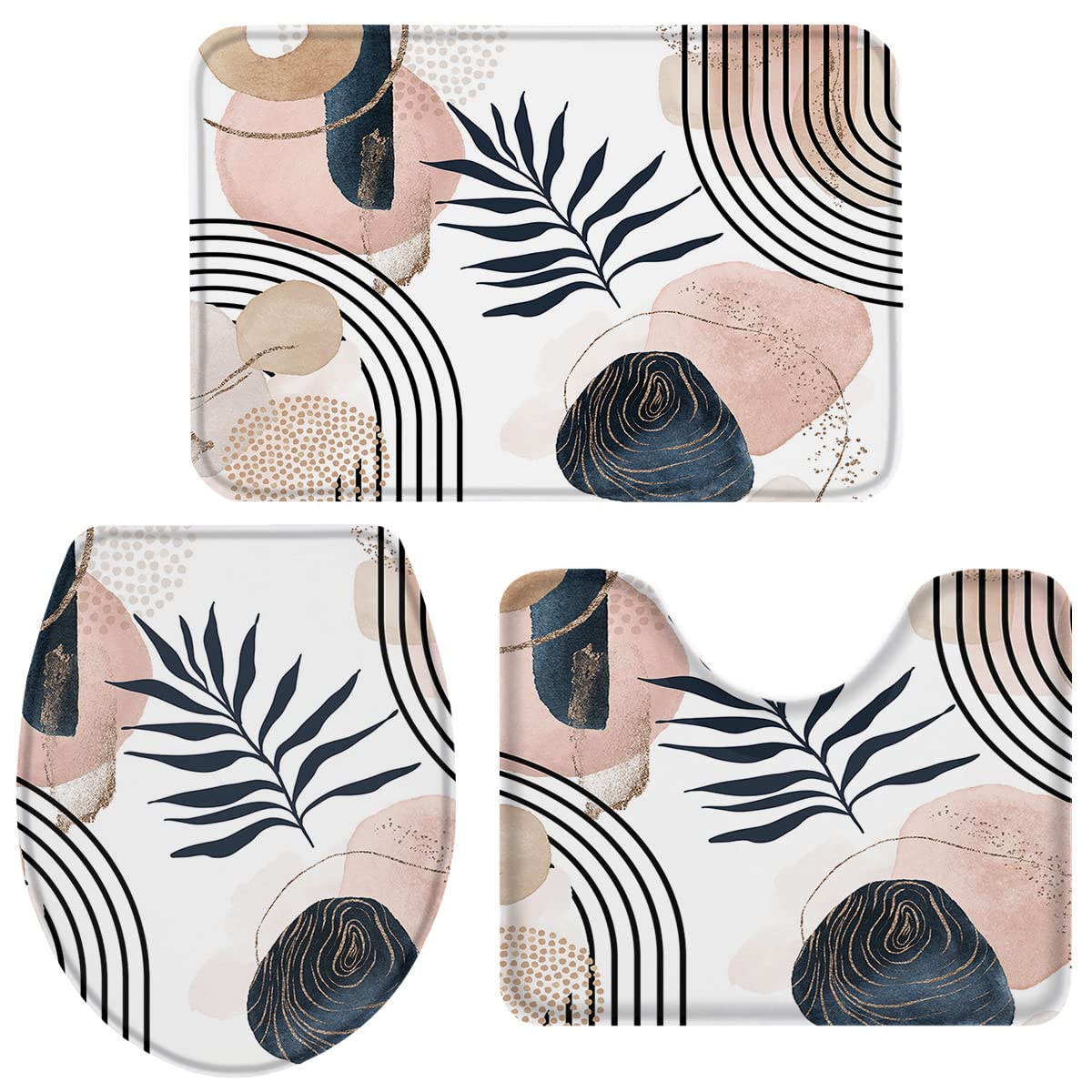 3-Piece Boho Style Bathroom Rug Set - Non-Slip Toilet Seat Cover, Pedestal Mat & Contour Rug with Tropical Leaf Pattern | Perfect for Small Bathrooms, Guest Baths & Boho Home Decor