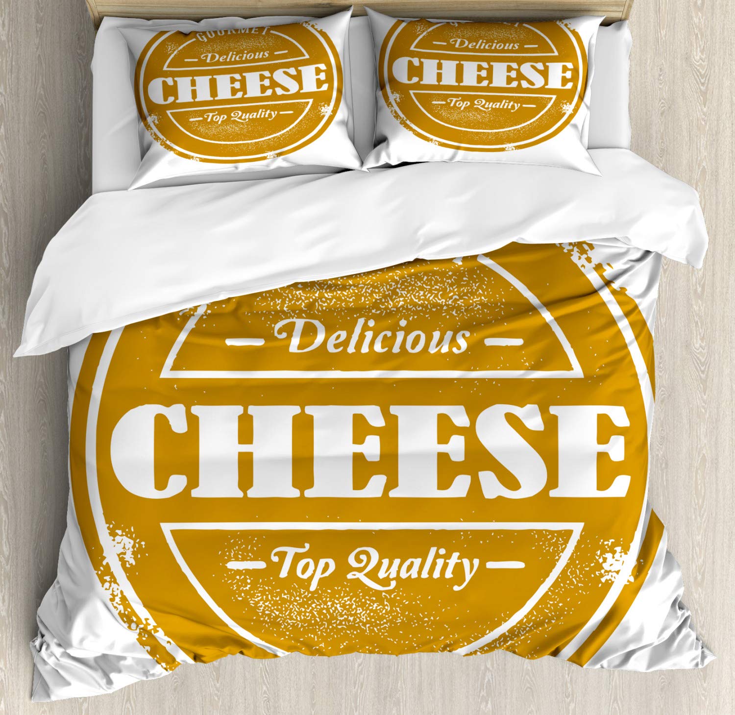 Ambesonne Cheese Themed Duvet Cover Set - King Size 3-Piece Bedding with 2 Pillow Shams, Retro Grunge Food Illustration in Dark Yellow & White | Perfect for Cheese Lovers' Bedroom Decor, Gift for Foodies & Unique Home Styling