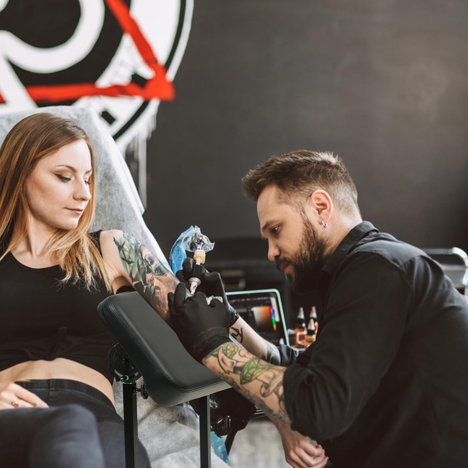 Professional Adjustable Tattoo Armrest Stand 26.4-37.4 Inch - Portable Tattoo Arm Support with Widened Base, PU Leather Pad & Steel Rod - Perfect for Tattoo Studio, Salon & Home Tattoo Artists