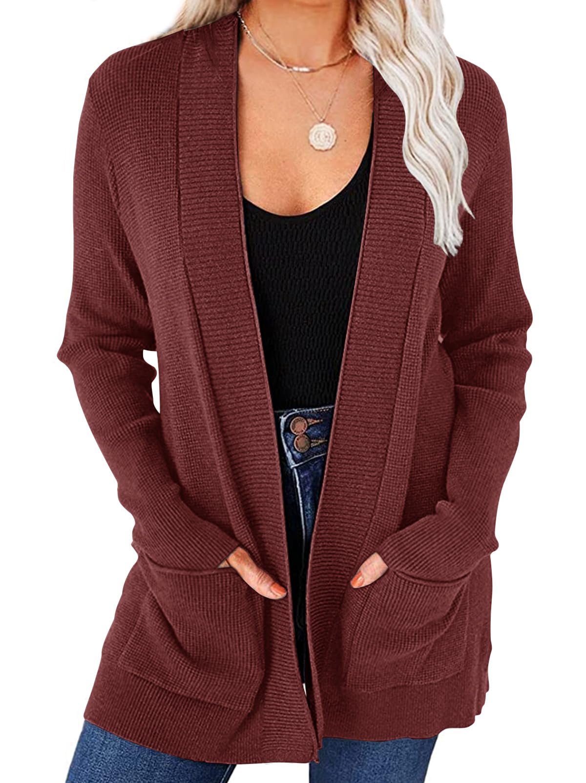 MEROKEETY Women's 2025 Fall Open Front Waffle Knit Cardigan Sweater - Long Sleeve Cozy Knit Pullover with Pockets - Perfect for Autumn Layering, Office Wear & Casual Outfits
