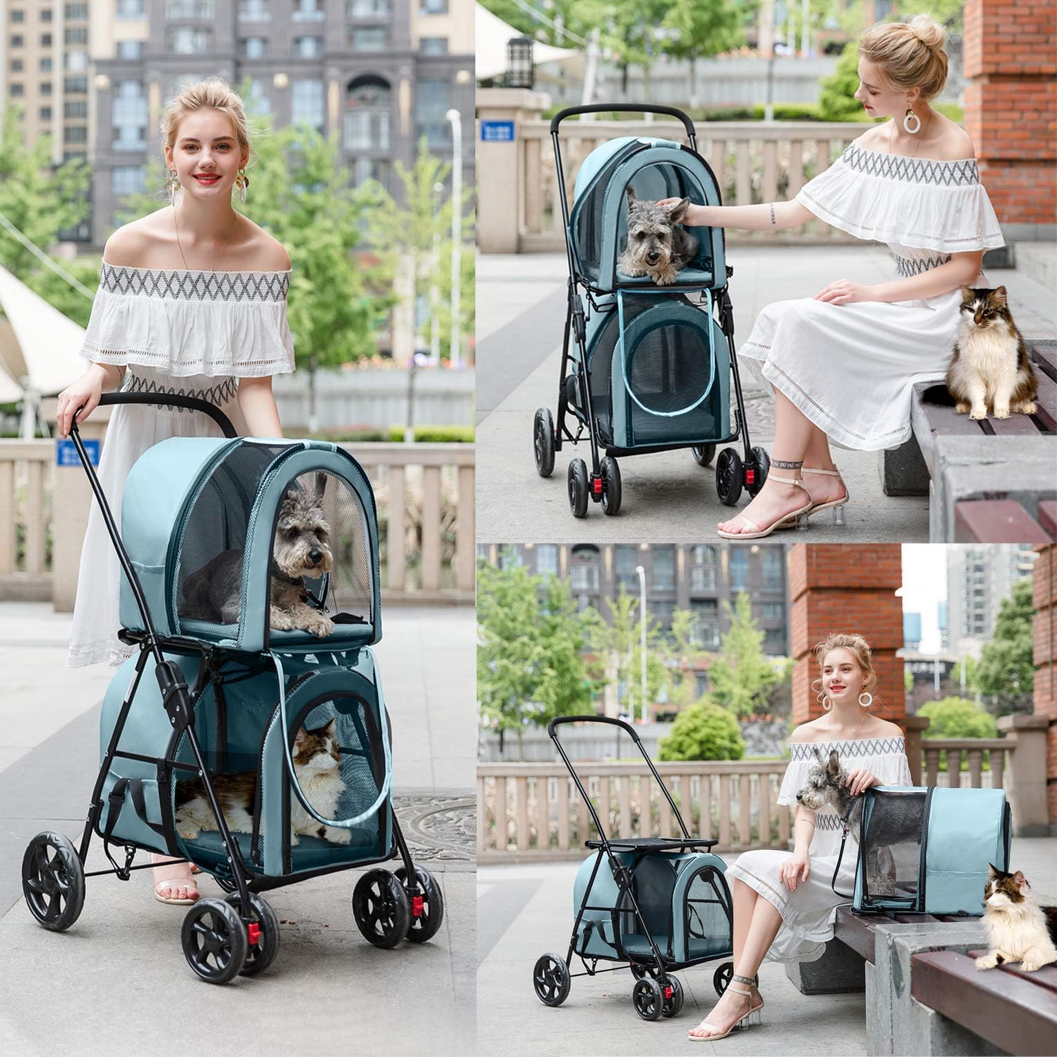 **Double Pet Stroller for Dogs & Cats - 2 Detachable Carriers, Quick-Fold Design for Small & Medium Pets, 4-Wheel Light Blue Stroller - Perfect for Park Walks, Vet Visits & Travel**