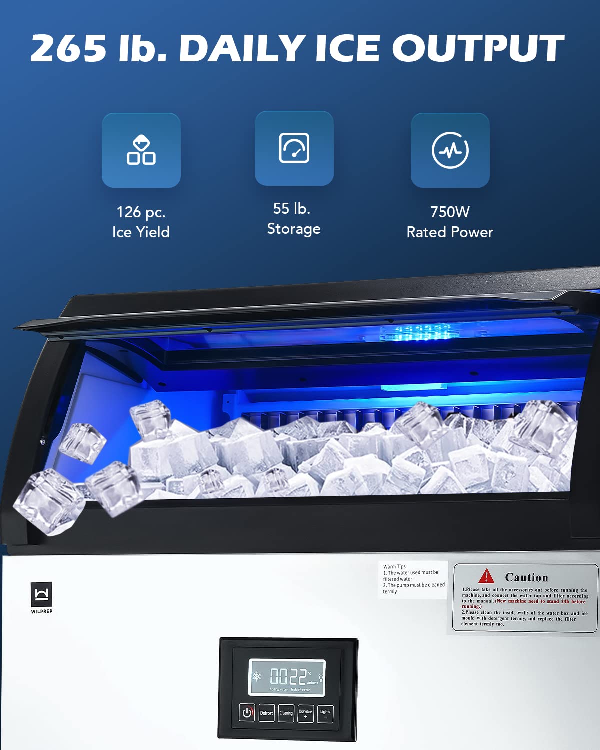 Commercial Ice Maker Machine - 265lbs/24H, 55lbs Storage, Stainless Steel Clear Ice Cube Maker with 126pc Tray & LCD Smart Control - Perfect for Restaurants, Kitchens, Coffee Shops, Bars, and Commercial Use