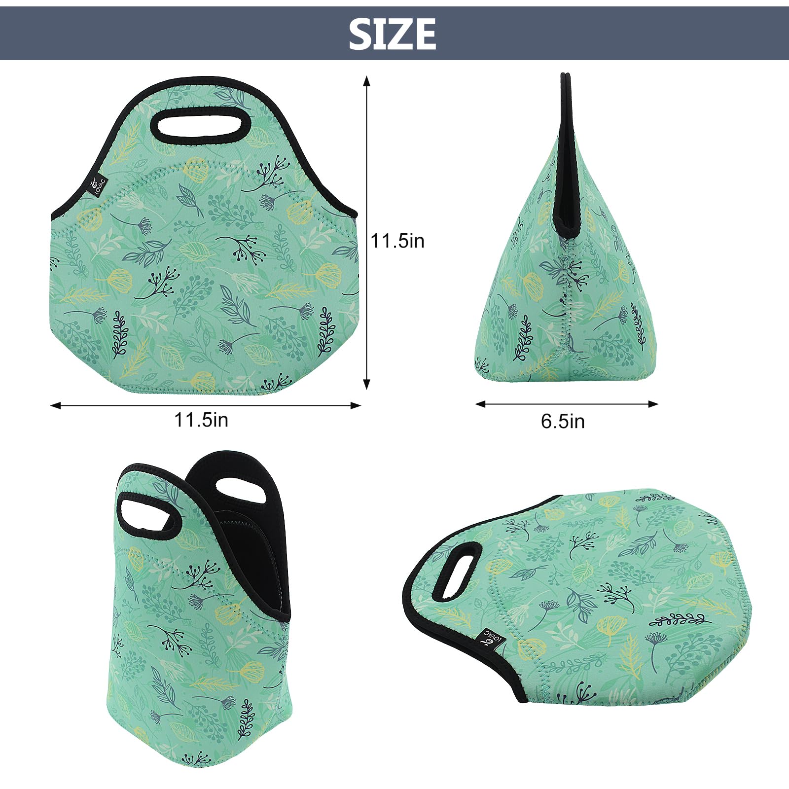 LOVAC Neoprene Lunch Bag - Thick Insulated & Waterproof Lunch Tote with Zipper for Work, School, Picnics & Outdoor Travel | Durable & Leakproof Food Container for Office, Hiking & Camping (Leaf Green)