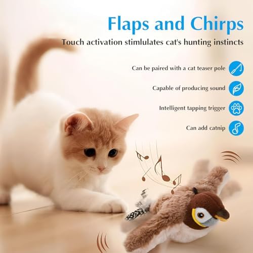 2025 Flying Bird Cat Toy - Interactive Chirping & Flapping Sparrow Brown Cat Toy for Indoor Cats - Perfect for Playtime & Exercise