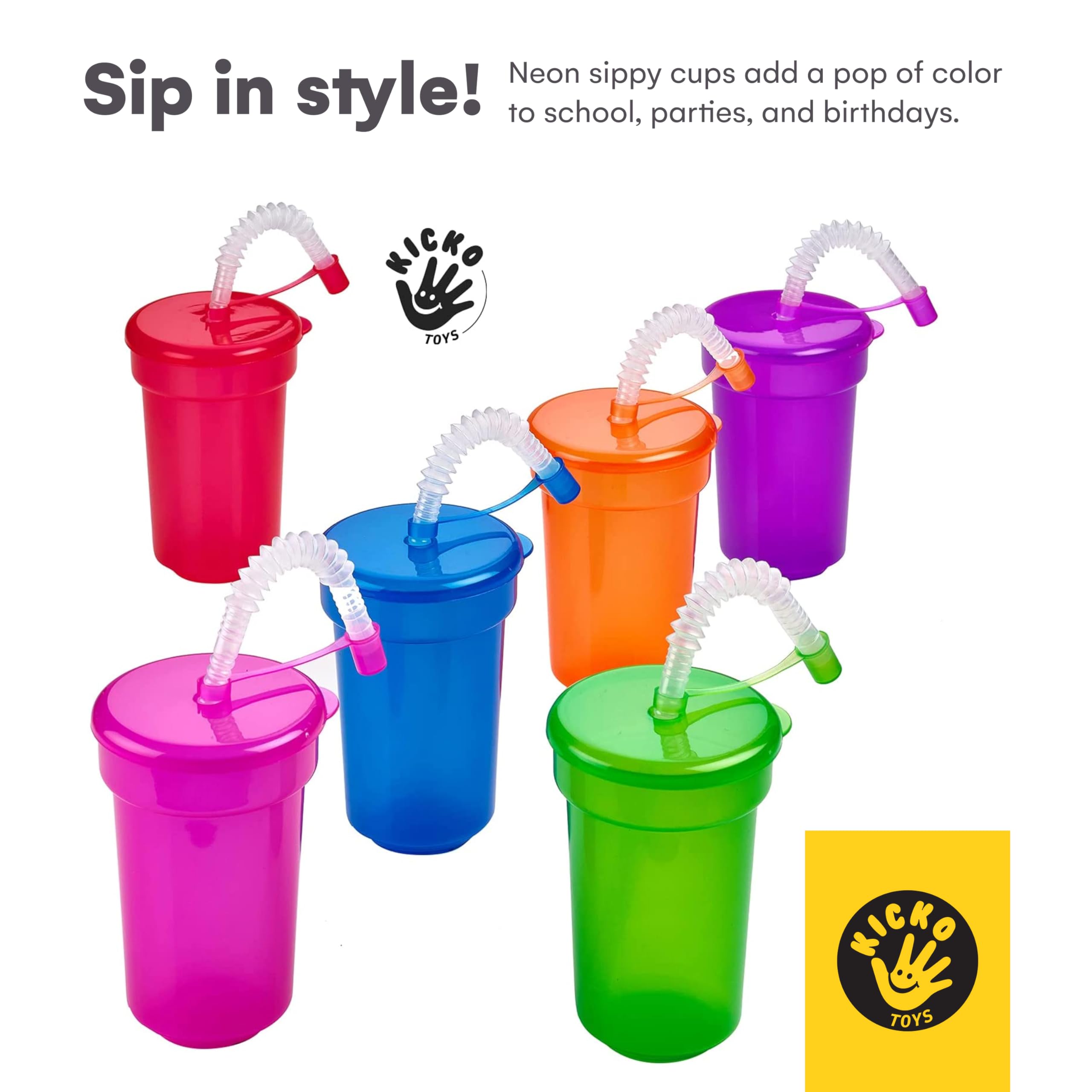 Kicko Neon Sipper Cups - 12 Pack, 5.5 Inch 12 Oz Colorful Plastic Cups with Lids & Straws for Kids - Perfect for Birthday Parties, School Events, Poolside Drinks, and Summer Celebrations