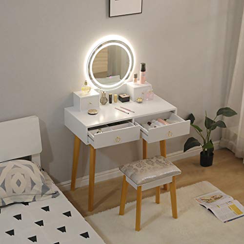 Elegant Black Vanity Table Set with Touch Screen Dimming Mirror, Stool & 4 Drawers | Bedroom Dressing Table & Chair Set for Makeup & Beauty | Perfect for Home Decor, Bridal Suite & Cosmetics Organization