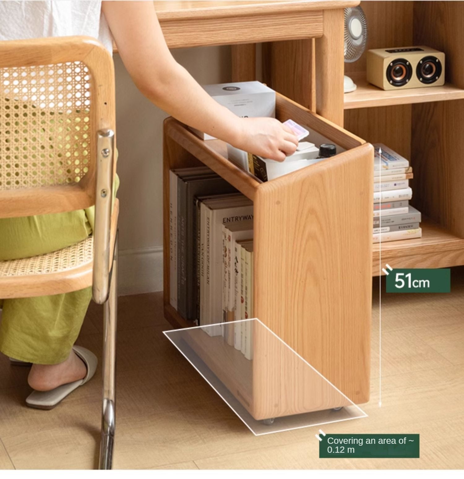 Solid Oak Wood Under Desk Mobile Bookshelf - Rolling Storage Organizer for Home Office, Study, or Kids Room - Perfect for Files, Books, and Supplies