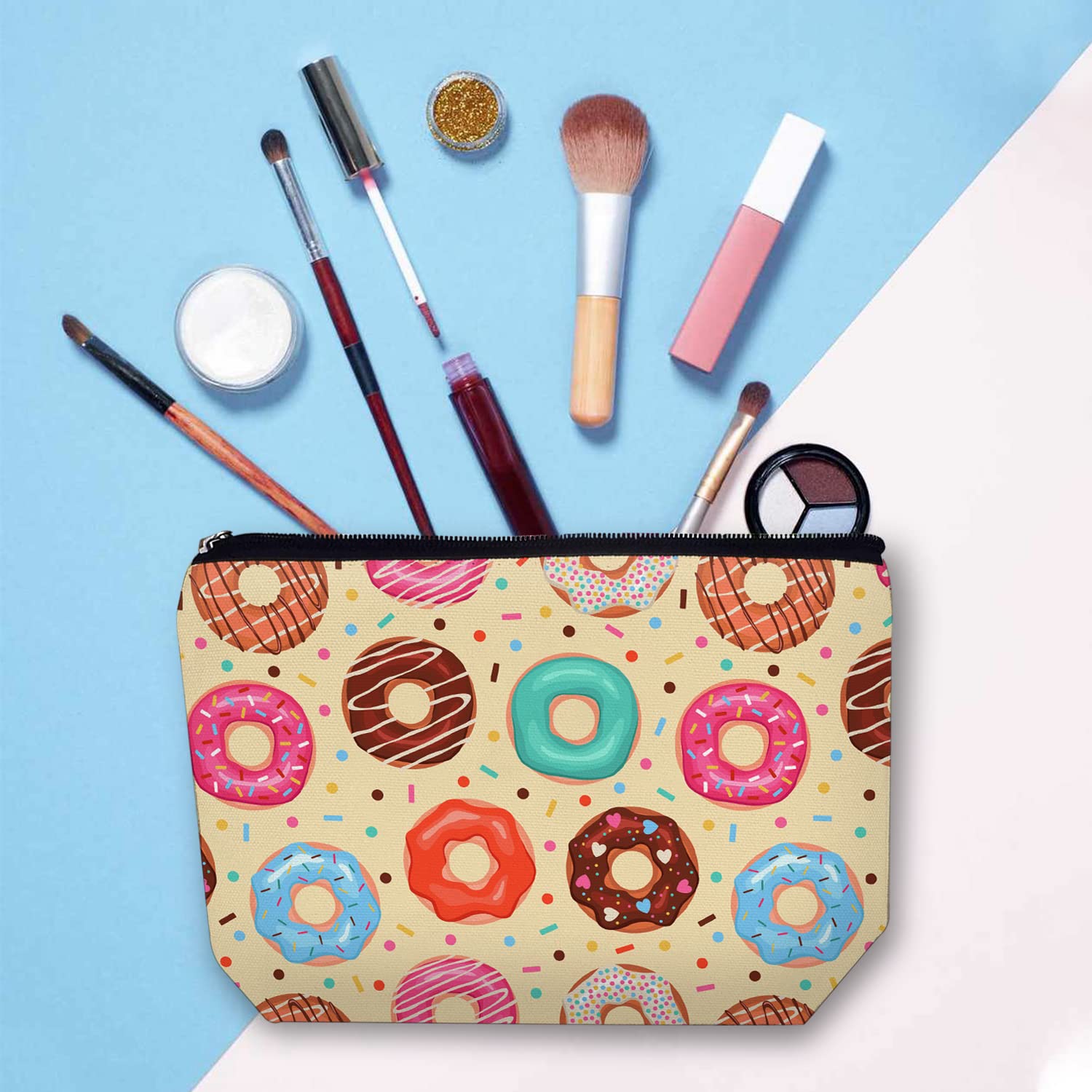 Large Travel Makeup Bag for Women - Waterproof Cosmetic Organizer with Zipper Pouch, 7x10 Inch Toiletry Bag for Makeup Brushes & Skincare (Cute Donut Design) - Perfect for Vacation, Gym & Daily Use