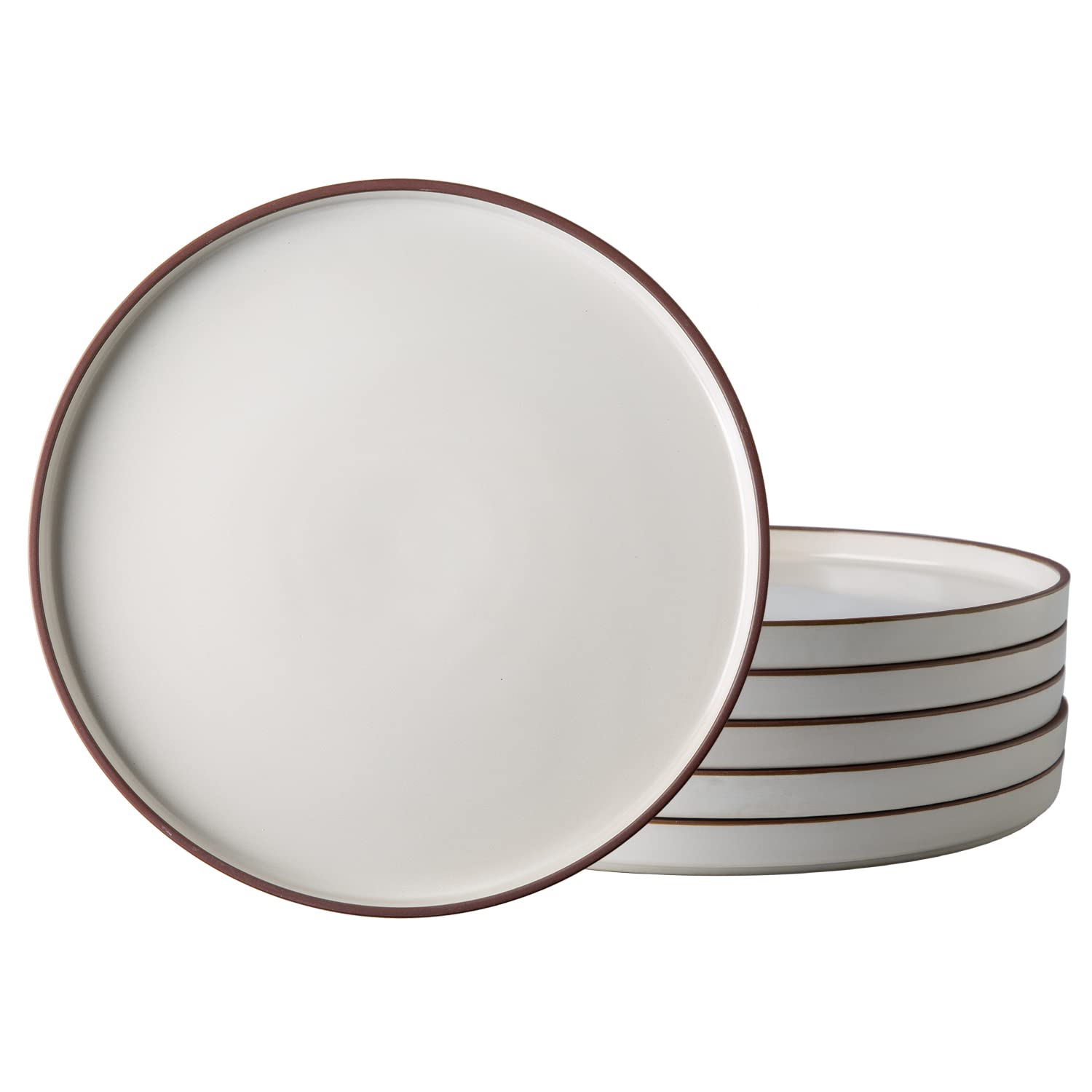 LERATIO 10.75 Inch Ceramic Dinner Plates Set of 6 - White with Rim - Microwave, Dishwasher & Oven Safe - Scratch Resistant High Edge Modern Plates for Kitchen, Dining, Restaurant & Party Serving