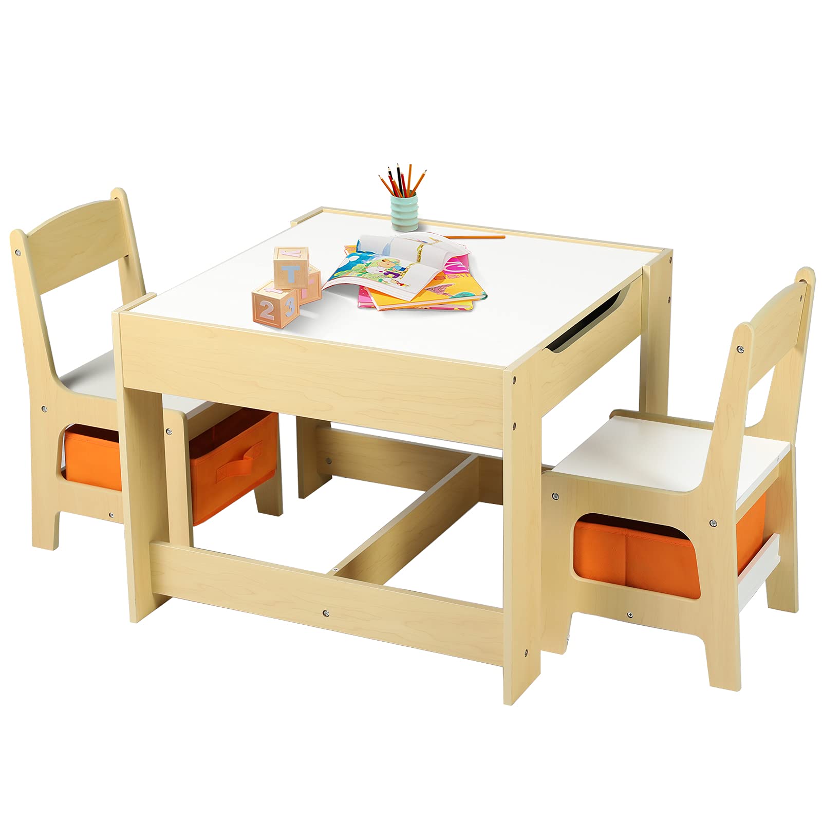 Kinder King Kids Wooden Table and 2 Chairs Set - 3-in-1 Children's Activity Table with Storage, Removable Tabletop & Blackboard - 3-Piece Toddler Furniture for Art, Drawing, Reading - Perfect for Playroom, Homeschooling & Daycare (Natural Wood)