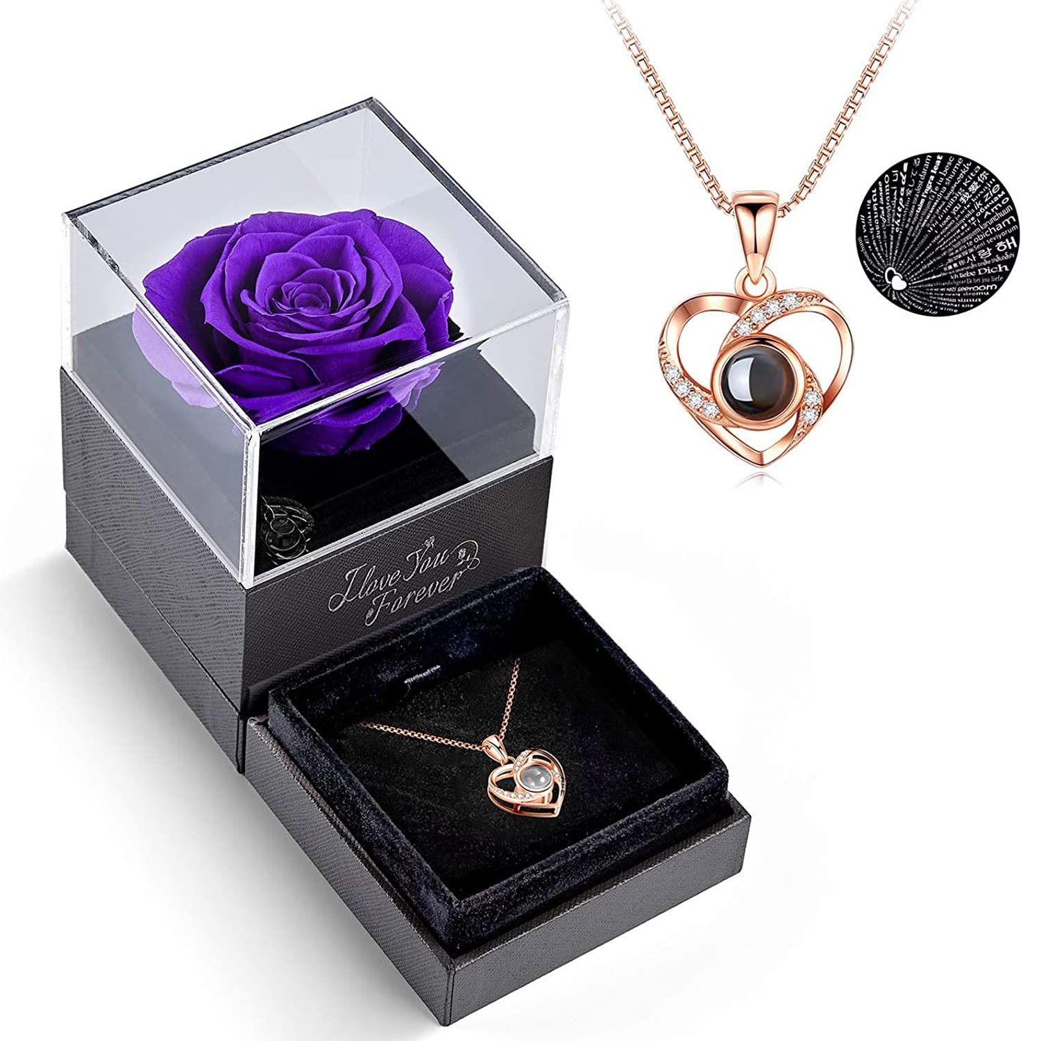 SEADEAR Preserved Real Rose Necklace Set - Heart-Shaped Projection Pendant, Handmade Eternal Rose Jewelry Gift for Women | Valentine's Day, Mother's Day, Christmas Present (Purple) | Perfect for Anniversary Gifts, Birthday Surprises & Romantic Date Nights