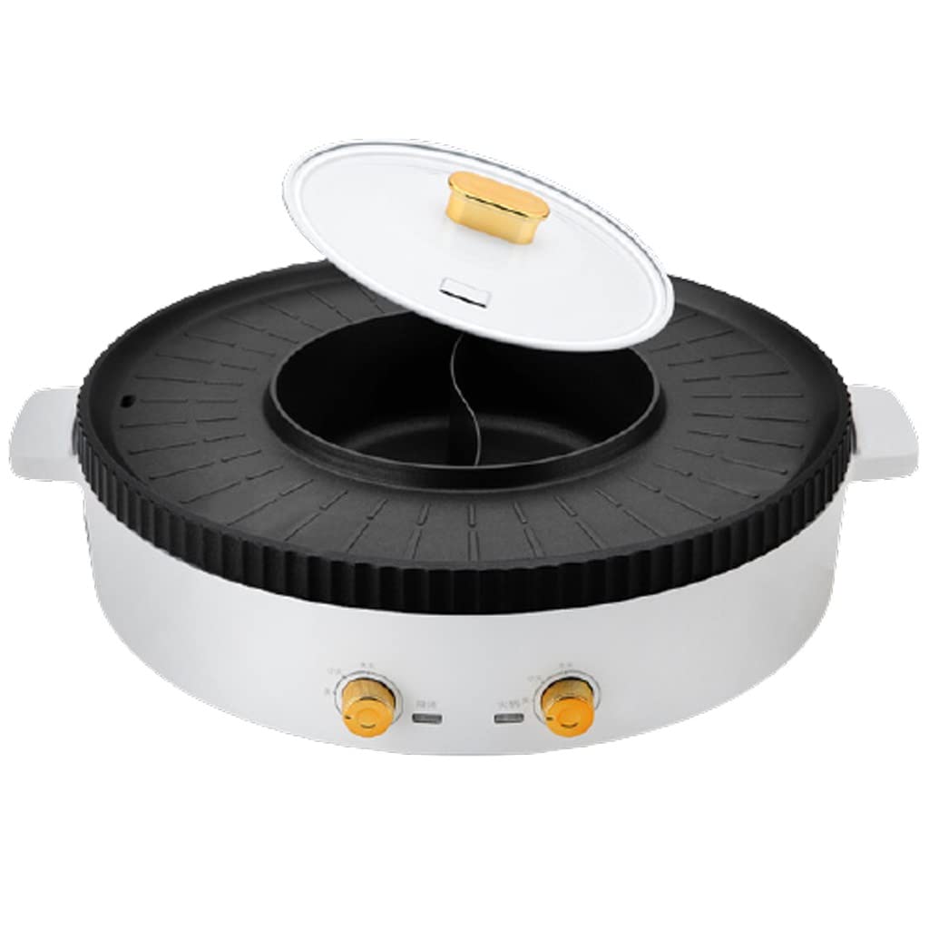Electric Grill and Hot Pot Combo - Dual Temperature Control, Smokeless Indoor Grill Oven for Family Dinner & Party - White Mandarin Duck Pot (Perfect for BBQ, Shabu Shabu & Home Cooking)