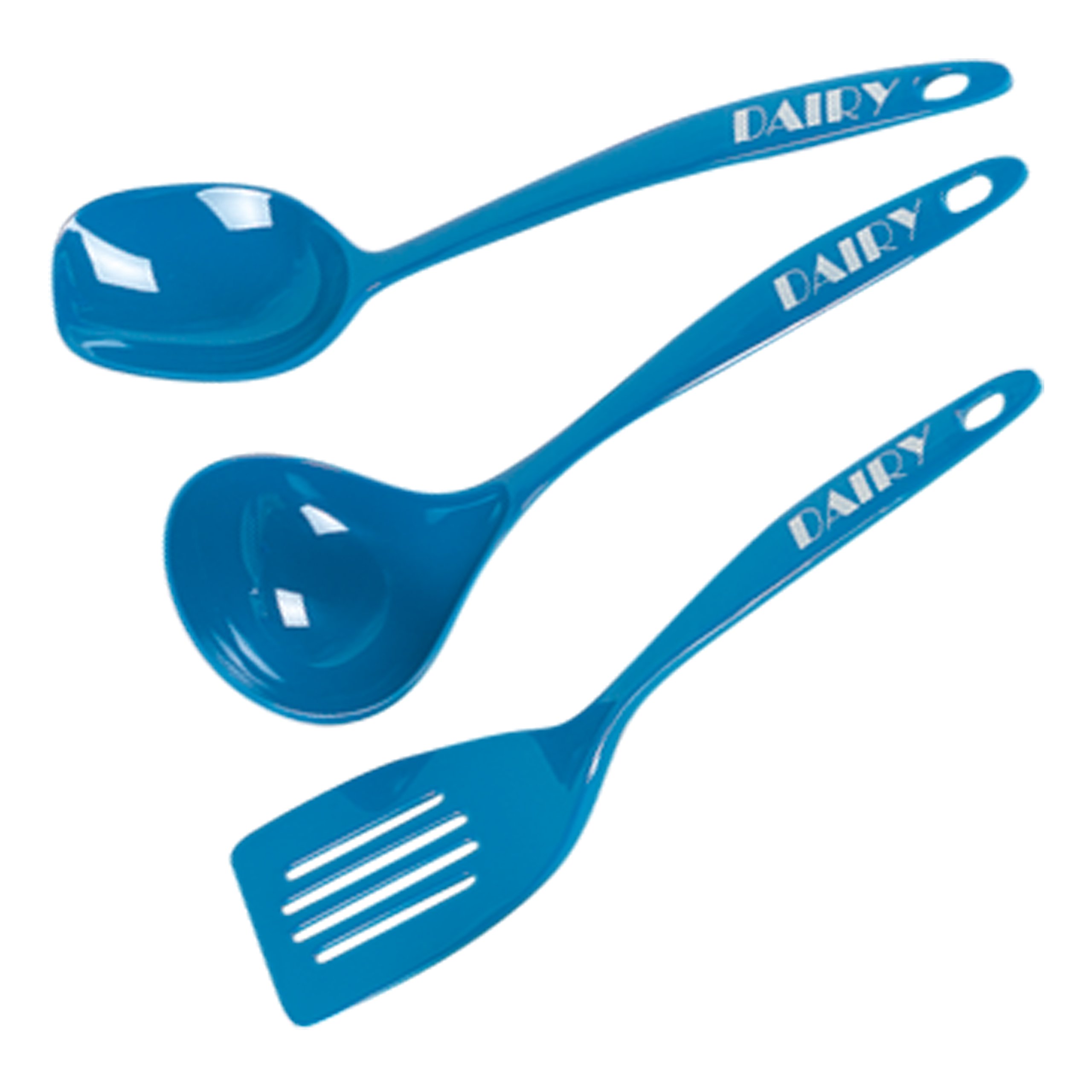 Dairy Blue Kitchen Utensil Set - 3 Piece Heavy Duty Melamine Spoon, Ladle & Spatula - Color Coded Kosher Cook Tools for Baking, Cooking & Serving