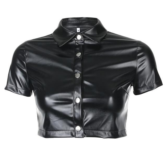Women's Black Faux Leather Crop Top - Short Sleeve Streetwear Blouse with Turn Down Collar & Puff Sleeves | Perfect for Night Out, Party & Casual Wear