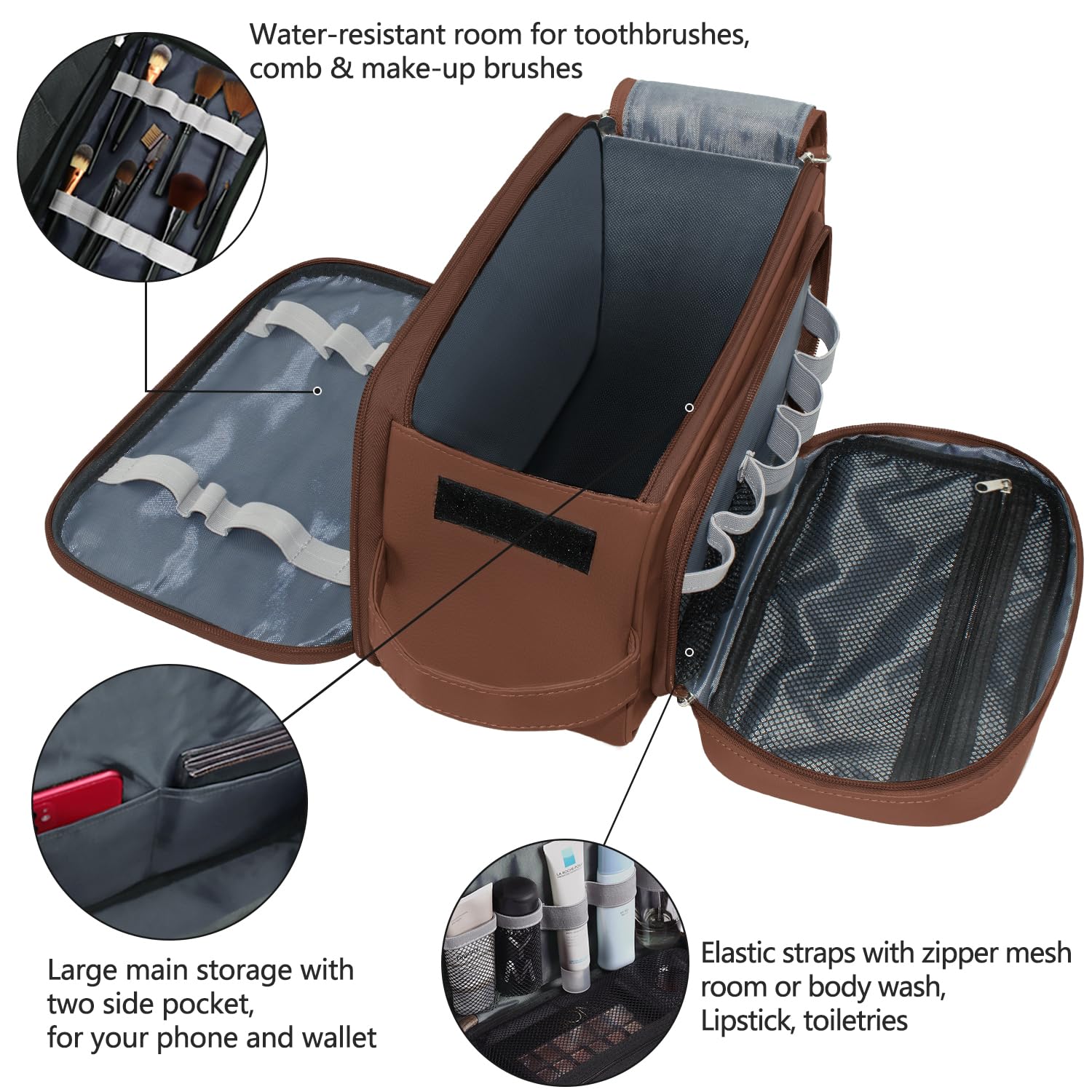 Buruis Extra Large Waterproof Travel Toiletry Bag for Men - PU Leather Dopp Kit Organizer with Multiple Pockets for Shaving, Grooming & Cosmetic Accessories (Brown) - Perfect for Business Trips, Gym, Camping & Vacation Essentials
