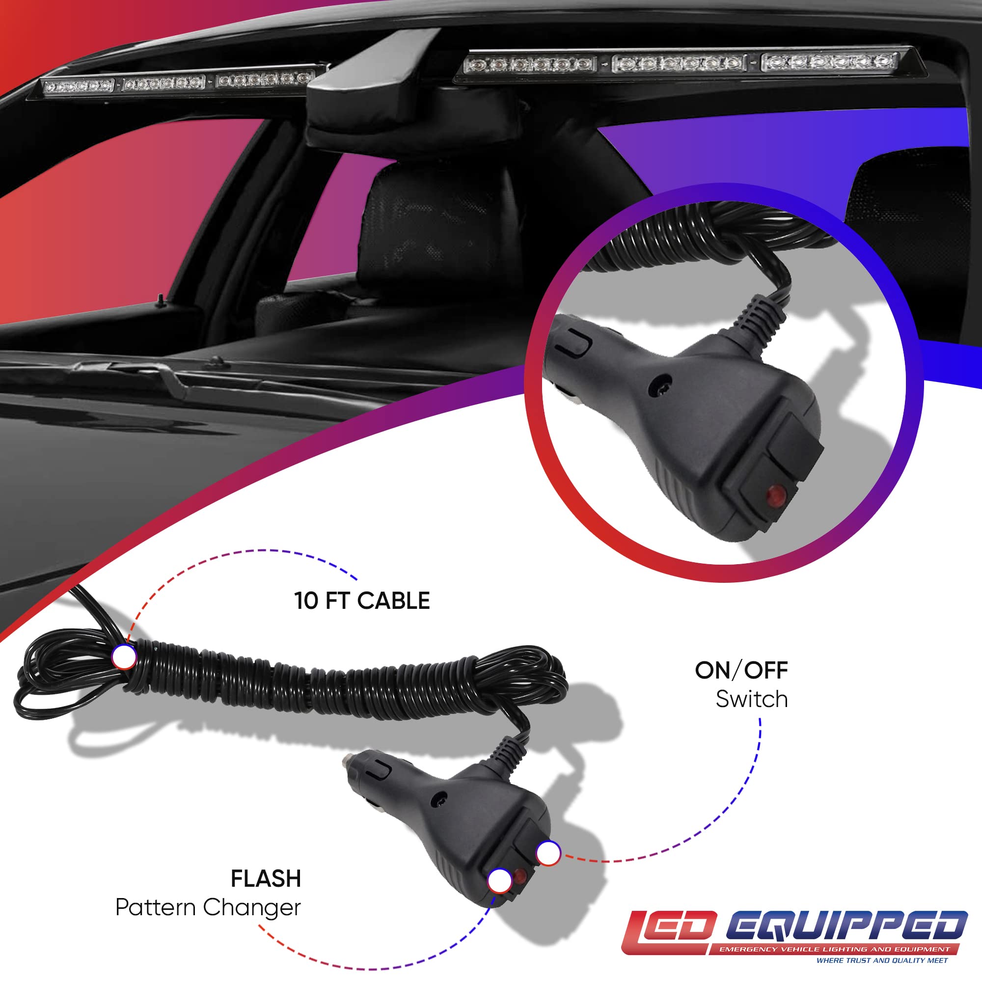 3W Interior LED Strobe Light Bar for Vehicles - Emergency Warning Visor Light with Cigarette Lighter Plug | Ideal for Police, Security, and Emergency Vehicles