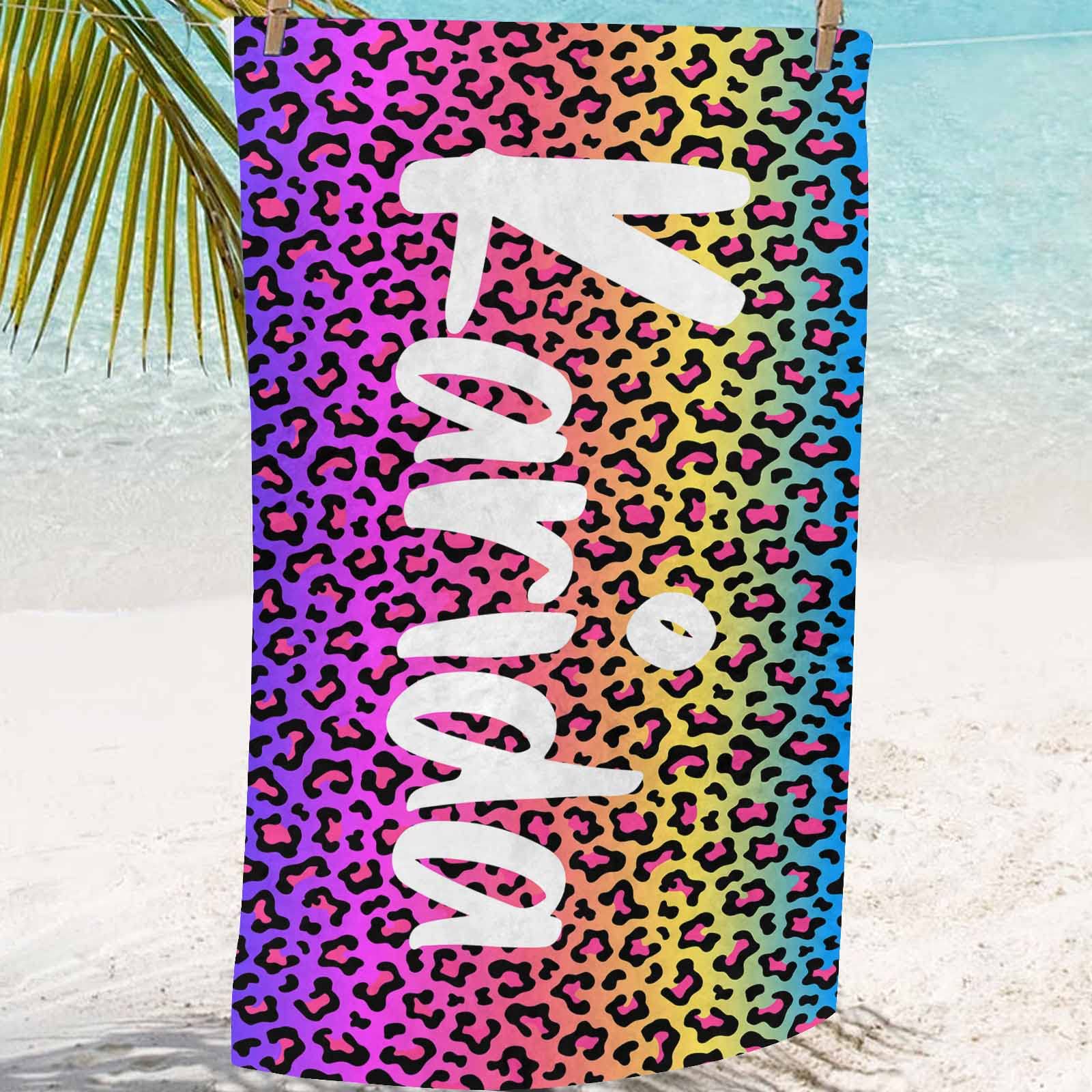 Custom Personalized Beach Towel with Name - Rainbow Leopard Print Microfiber Quick Dry Sand-Free Towel for Men & Women | Perfect for Swimming, Summer Vacations, Pool Parties, Beach BBQs and Birthday Gifts