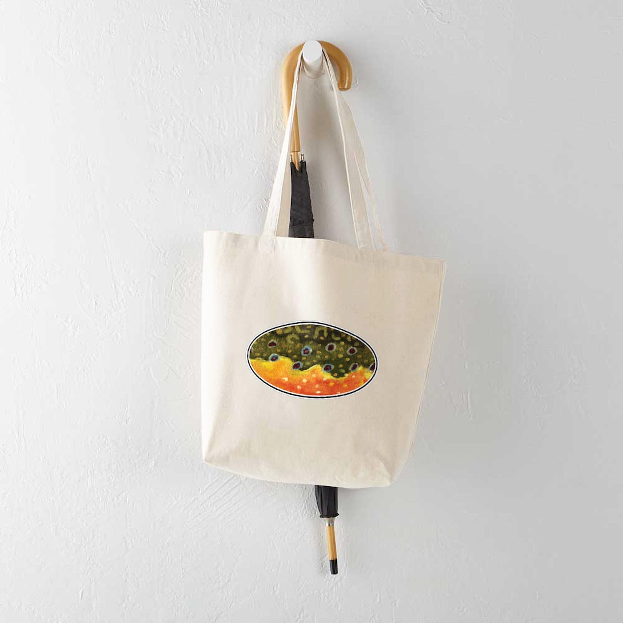 Brook Trout Fly Fishing Tote Bag - Natural Canvas Reusable Shopping Bag for Outdoor Adventures, Grocery Trips & Beach Days