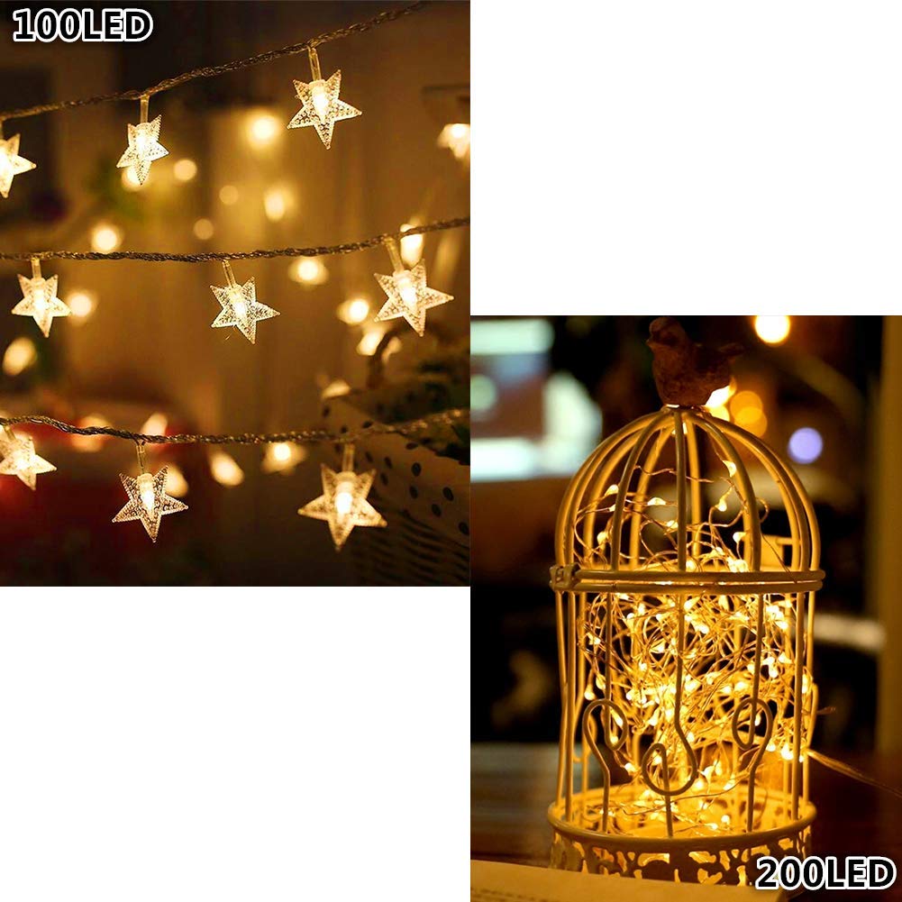 Twinkle Star 100 LED 49 FT Outdoor String Lights - Warm White Fairy Lights with Adapter for Patio, Garden, Wedding & Home Decor | 200 LED 66 FT Copper Wire USB String Lights with Remote Control for Bedroom, Party, Christmas Tree & Indoor Lighting