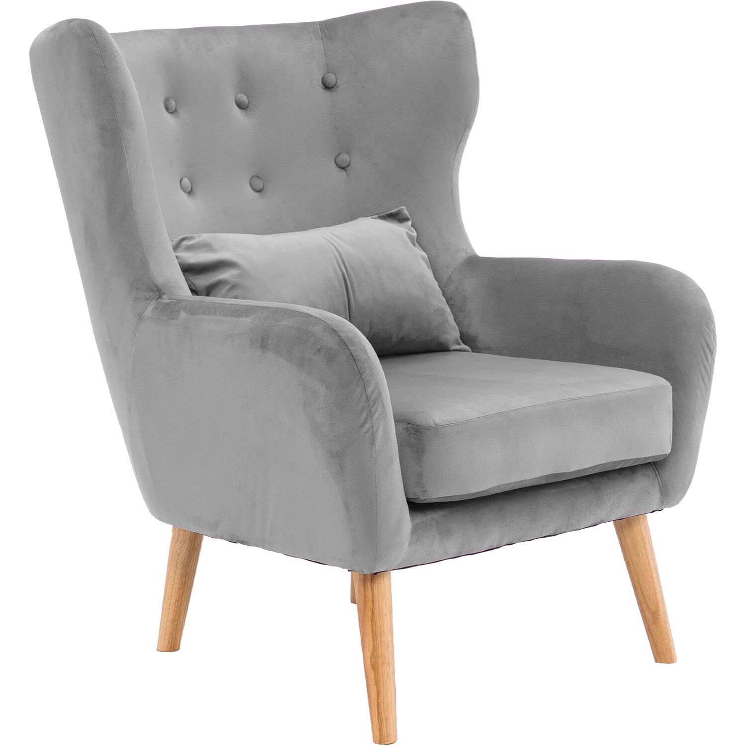 Critter Sitters Faux-Velvet Wingback Accent Chair with Lumbar Pillow & Wooden Legs - Gray Comfortable Armchair for Living Room, Bedroom, Office, Nursery - Perfect for Reading Nooks, Home Decor & Cozy Sitting Areas