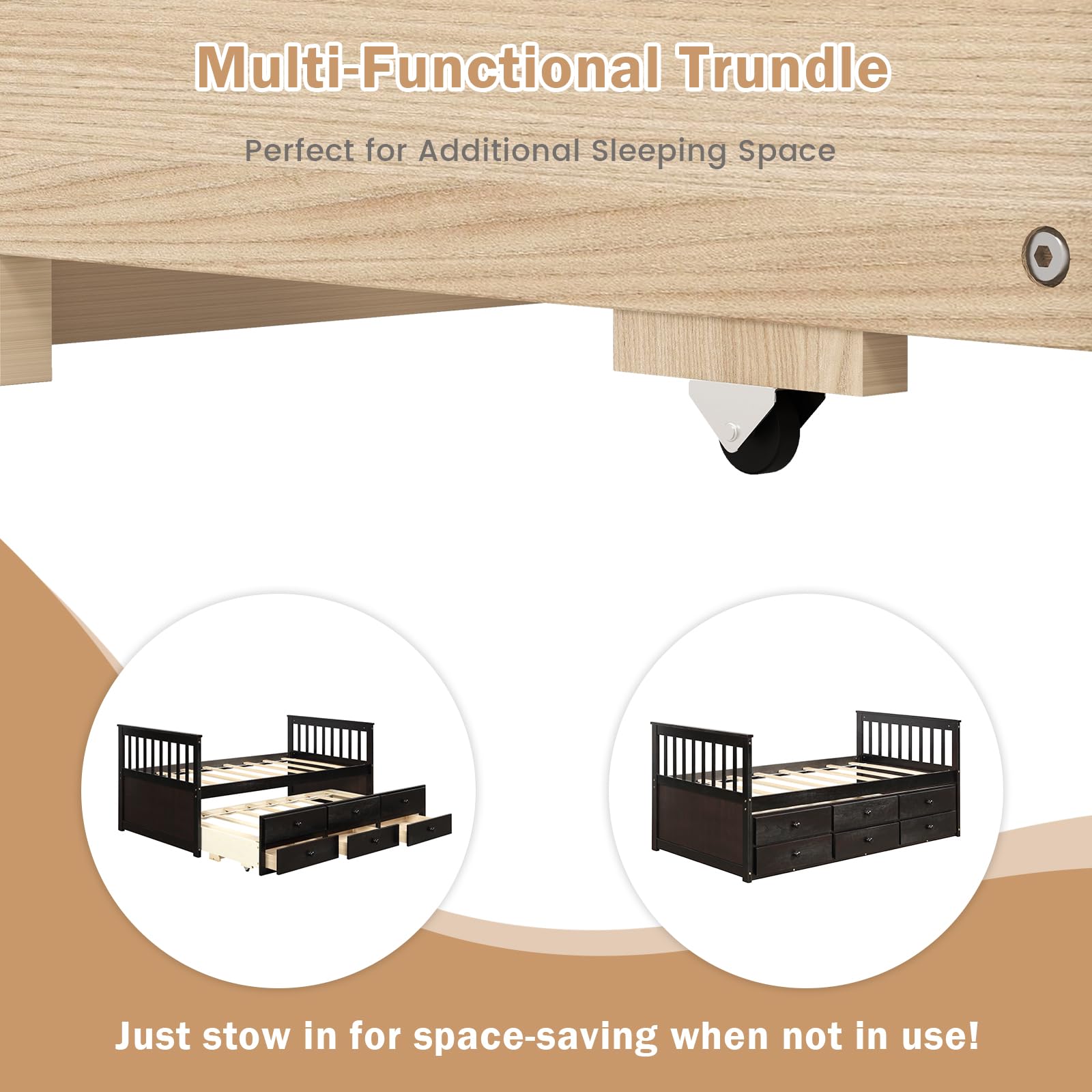 DORTALA Twin Size Trundle Bed with Storage Drawers - Wooden Daybed Frame for Boys, Girls & Adults - No Box Spring Needed - Modern Espresso Captains Bed - Perfect for Bedroom, Guest Room & Small Spaces