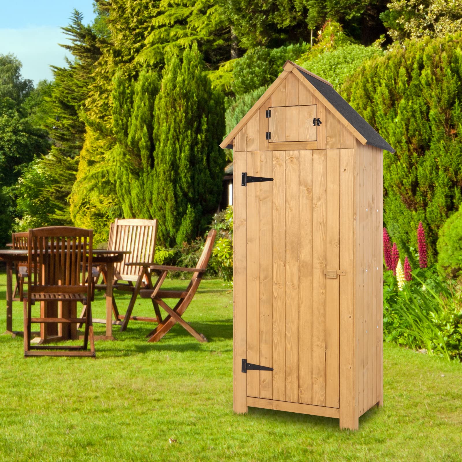 VINGLI Outdoor Wooden Storage Shed - Waterproof Garden Shed with Safety Latch, Heavy-Duty Tool Cabinet for Patio, Backyard & Lawn Equipment Organization (Teak Wood) | Perfect for Storing Gardening Tools, Pool Supplies & Seasonal Decor