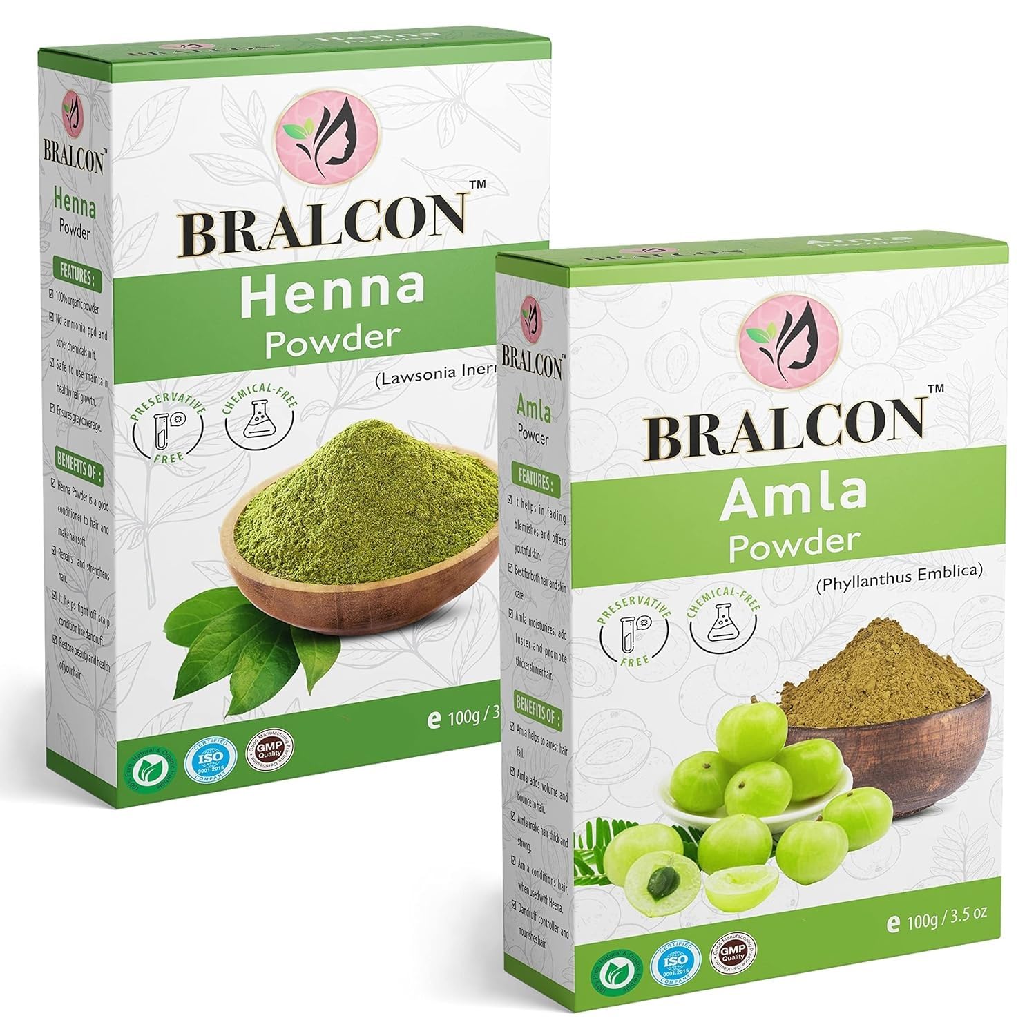 BRALCON Organic Amla Powder & Henna Powder Combo - 200g (100g x 2) | Indian Gooseberry Powder for Hair Growth, Skin Care & Anti-Aging | Natural Henna for Hair Coloring, Conditioning & Dandruff Treatment | Vegan, Chemical-Free Hair & Beauty Solution for Home Spa & DIY Treatments
