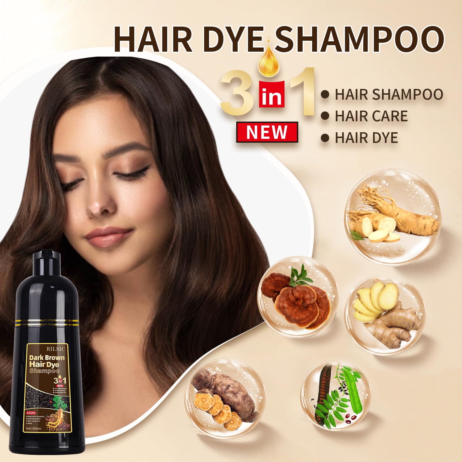GFEUGS 3-in-1 Hair Dye Shampoo - 100% Grey Coverage for Women & Men | Herbal Dark Brown Hair Color in Minutes (500ml) | Perfect for Home Use, Travel & Quick Touch-Ups