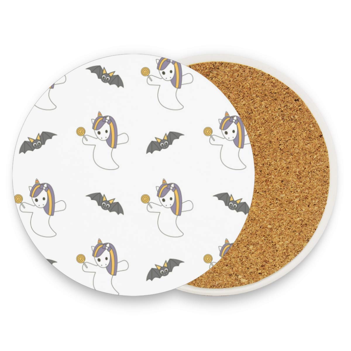 Unicorn Ghost and Bats Absorbent Ceramic Coasters with Cork Back - Set of 4 Round Drink Coasters for Home, Office, Bar & Coffee Table - Perfect for Halloween Parties, Mug Protection & Spill Prevention