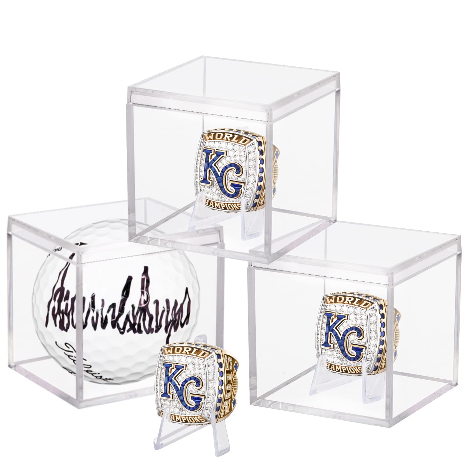 3-Piece Clear Acrylic Championship Ring Display Case with Mini Card Stand - Square Golf Ball Jewelry Storage Box for Sports Rings, Collectibles & Candy | Perfect for Trophy Displays, Retail Showcases & Gift Packaging