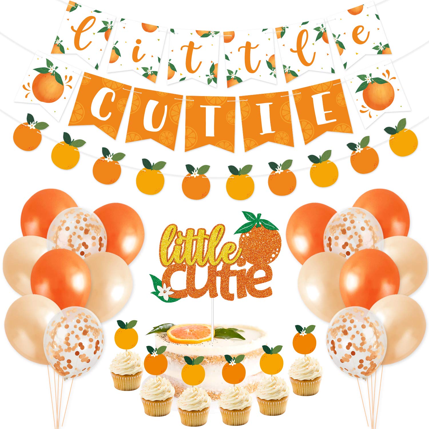 Little Cutie Baby Shower & Birthday Party Decorations Kit - Orange Citrus Theme Banner, Cake Topper, Cupcake Toppers, Confetti & Balloons for Tangerine Baby Showers or Clementine Birthday Parties - Perfect for Gender Reveals, 1st Birthdays & Nursery Decor