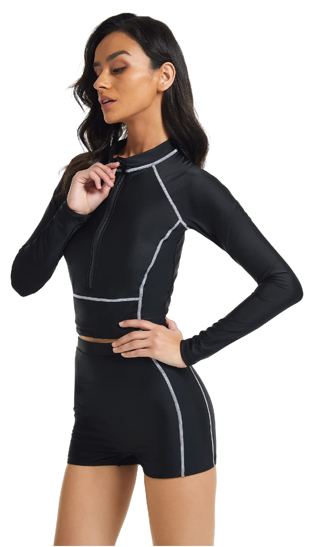 Women's Long Sleeve Sun Protection Two Piece Swimsuit - UPF 50+ Rash Guard Crop Top & High Waist Bottom for Surfing, Swimming & Beach Activities