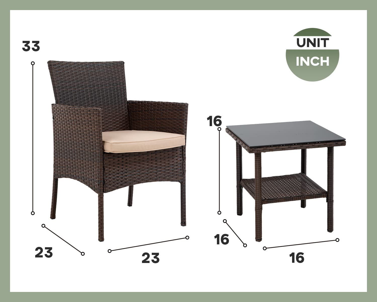 3-Piece Wicker Patio Furniture Set - Outdoor Rattan Chairs & Table for Backyard, Porch, Poolside or Lawn - Brown Conversation Bistro Set for Relaxing & Entertaining