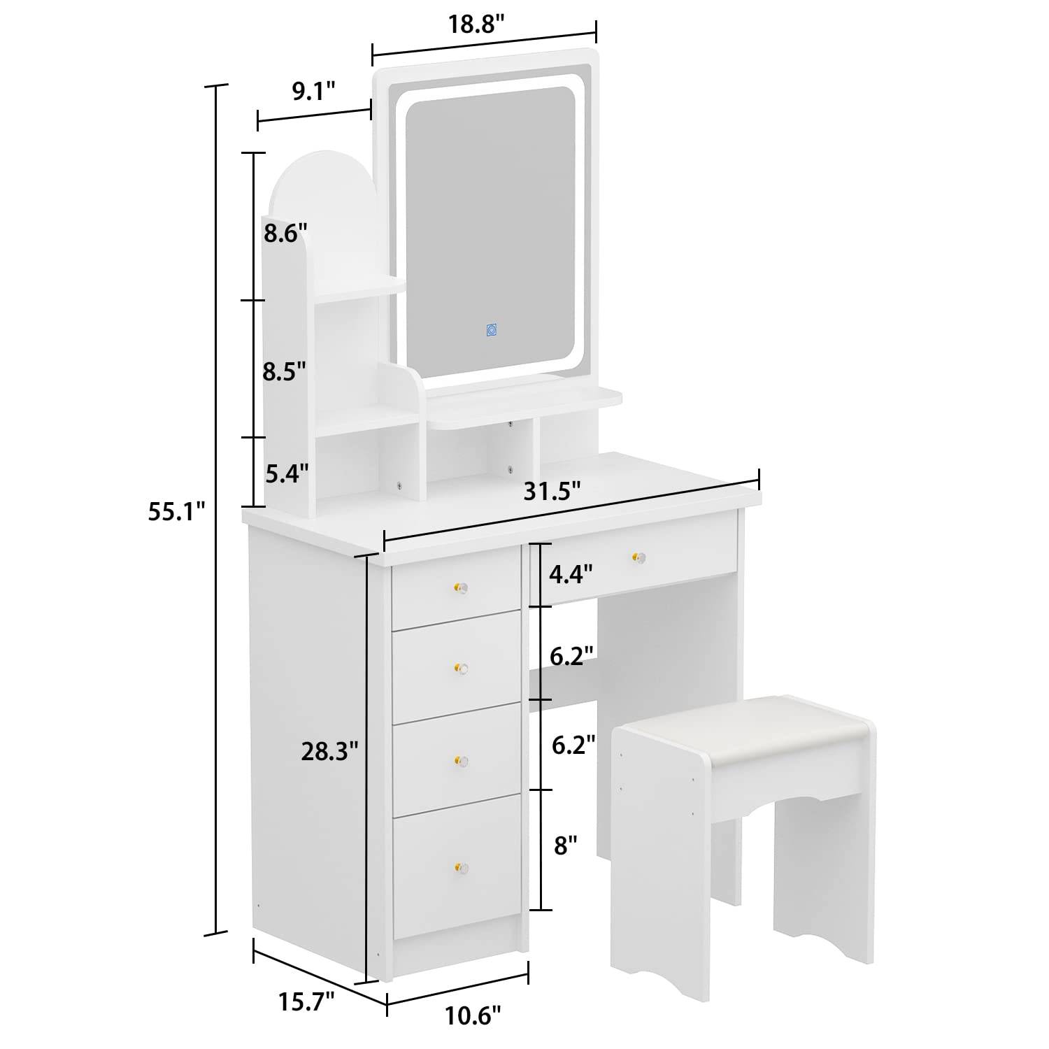 FUFU&GAGA White Vanity Set with LED Lighted Mirror - 5-Drawer Makeup Dressing Table, Storage Shelves & Cushioned Stool - Perfect for Bedroom, Dorm Room or Beauty Salon (B White/Lighted Mirror)