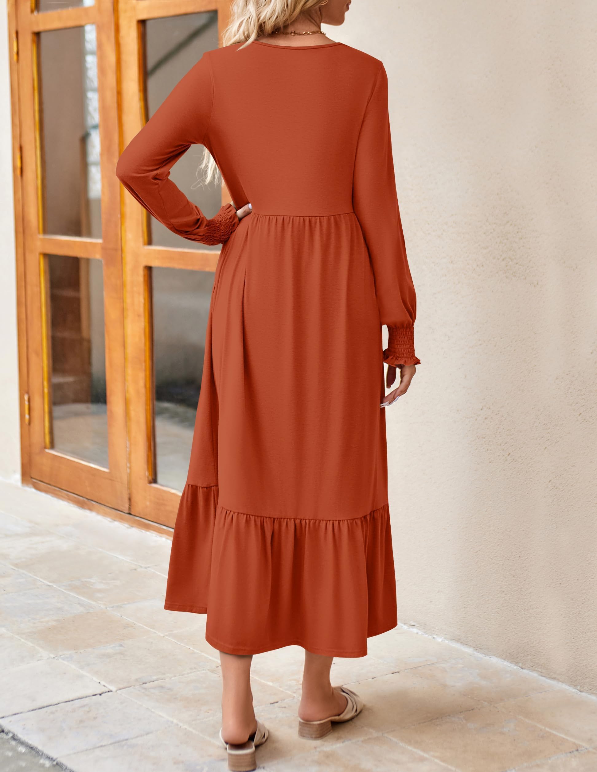 ZESICA Women's Spring Long Sleeve Dress 2025 - Crewneck Casual Loose Pleated Tiered Swing Midi Dress with Pockets | Perfect for Work, Date Night & Spring Outfits