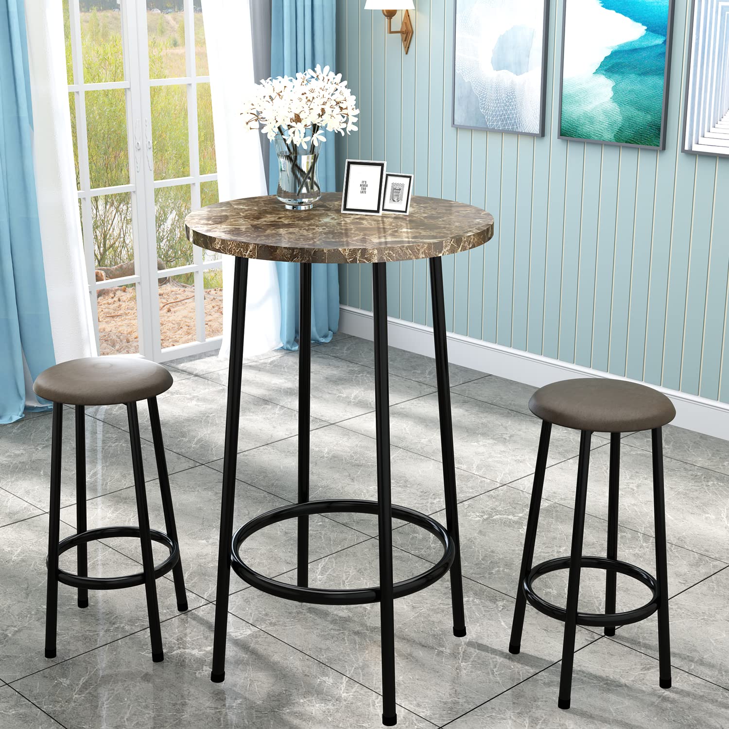 Lamerge 3-Piece Round Bistro Bar Table and Chairs Set - Small Kitchen Dining Table for 2 with Sturdy Metal Frame & Non-Slip Design, Brown - Perfect for Small Spaces, Breakfast Nooks, Patios and Coffee Shops