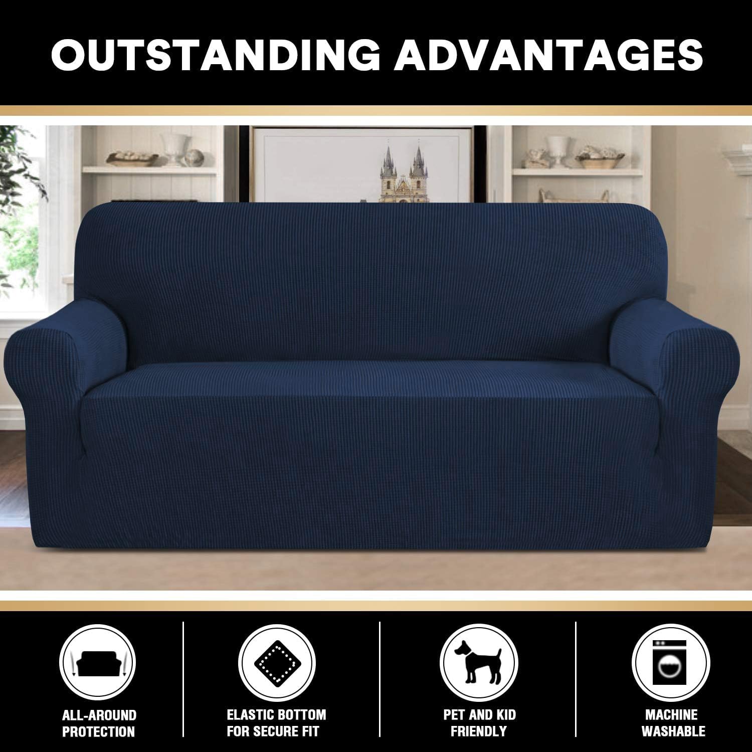 **PrinceDeco Stretch Sofa Cover Slipcover - Non-Slip Elastic Bottom, Pet-Friendly Fitted Couch Cover for 3-Cushion Sofas (Navy) - Perfect for Living Room, Home Decor & Pet Protection**