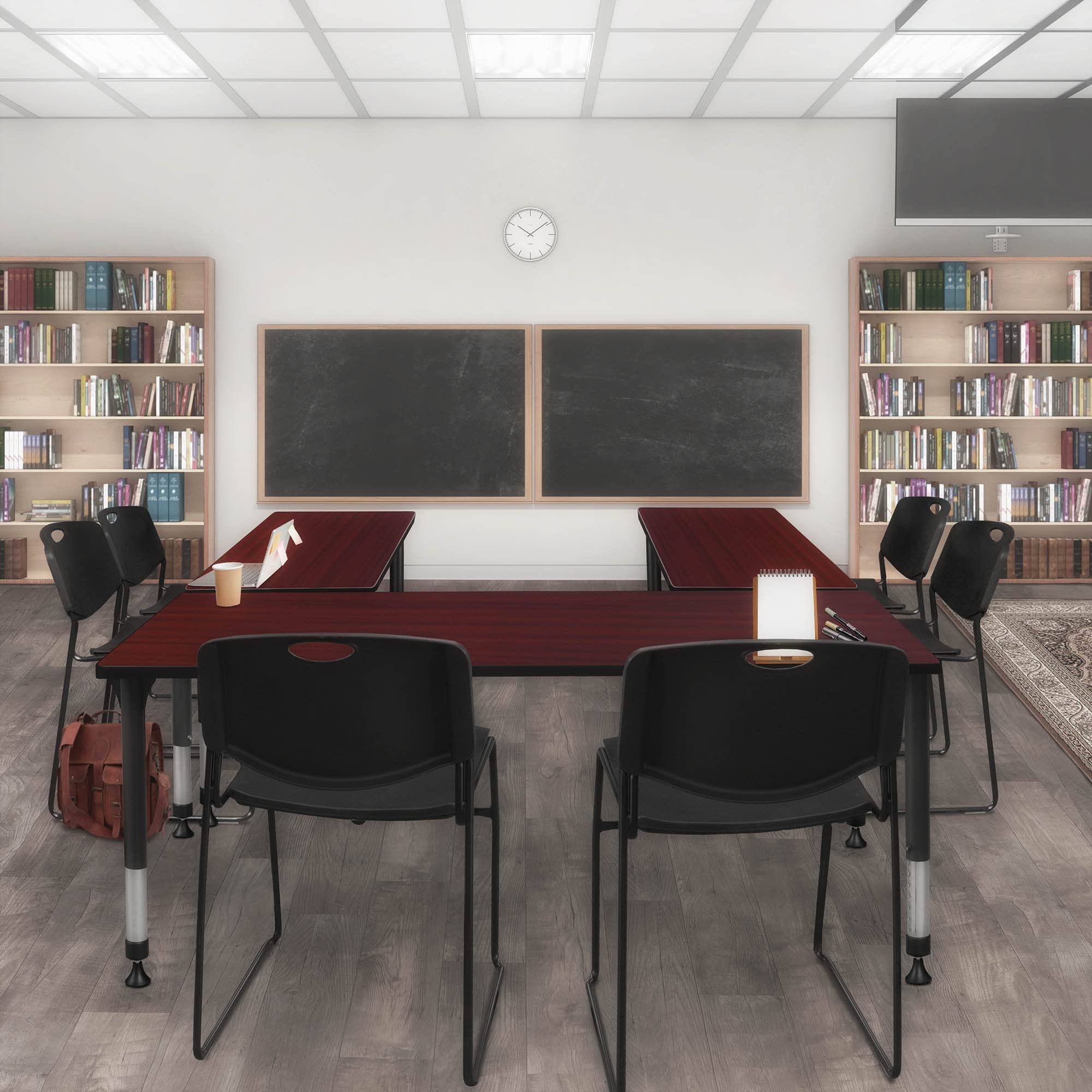 Regency Kee Adjustable Height Classroom Table Set with 2 Zeng Chairs - 48x24 Inches Mahogany/Black - Perfect for Schools, Home Offices & Study Rooms