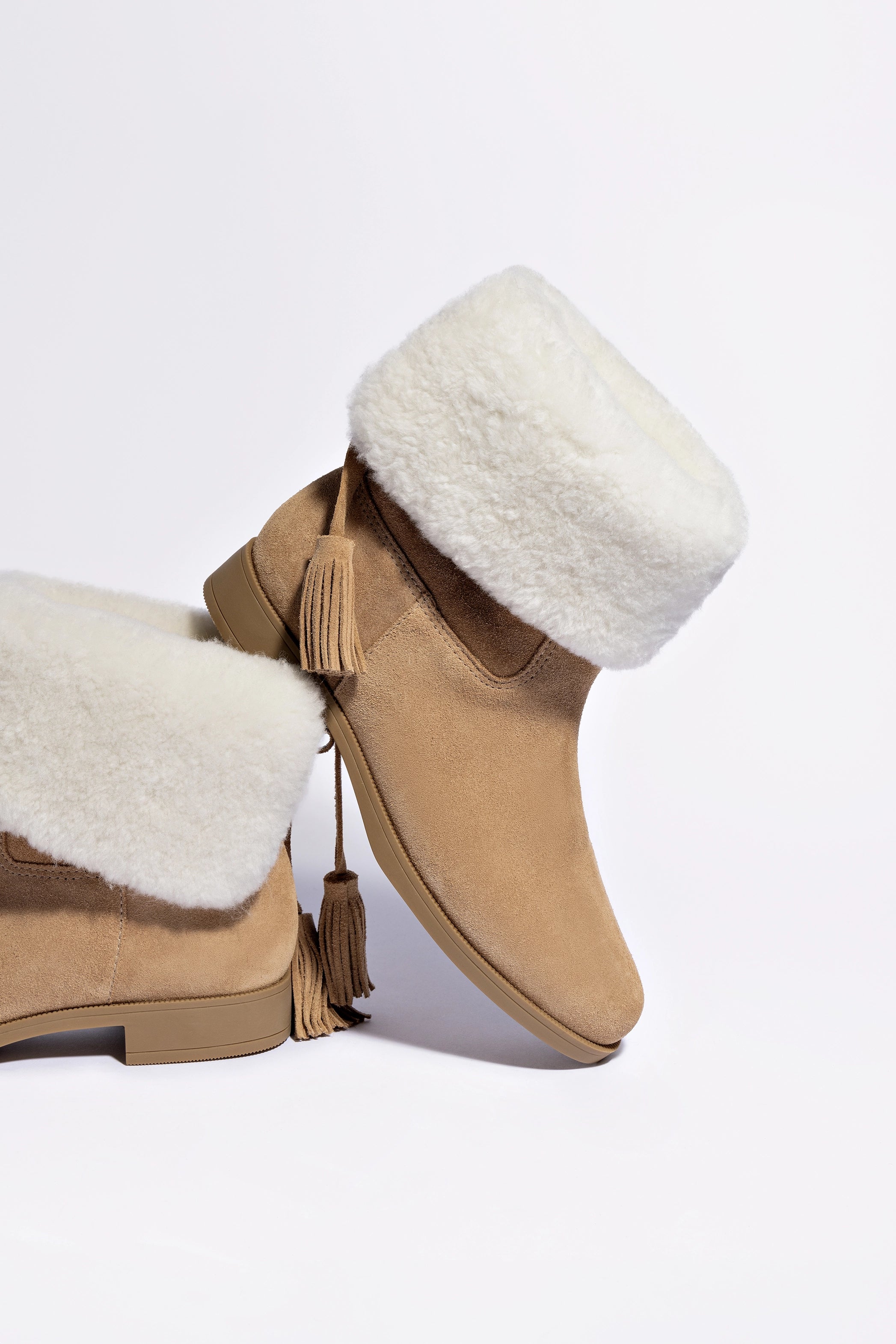 Verbier Bootie in Peanut Suede & Natural Shearling - Women's Winter Ankle Boots for Casual Outings & Cold Weather Fashion