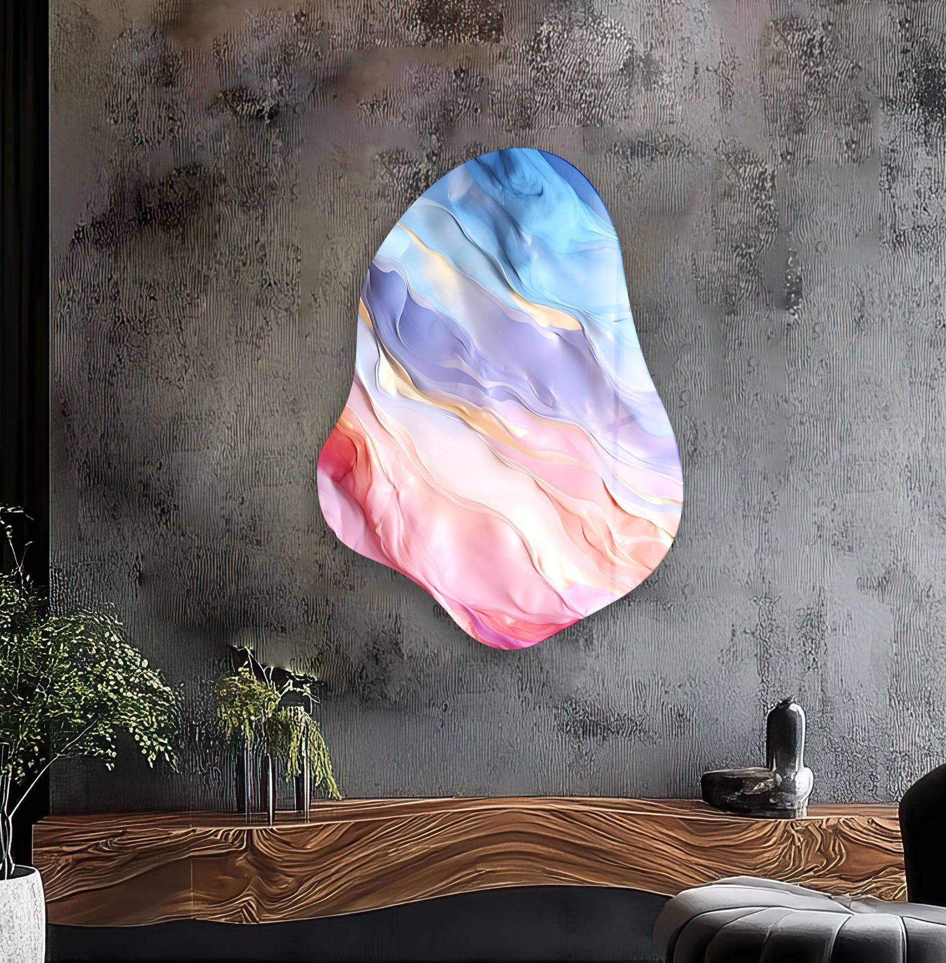 Abstract Pink Irregular Glass Wall Art - Modern Handmade Decor for Living Room, Bedroom & Office - Unique 3D Textured Hanging Art Piece for Home & Office Decor