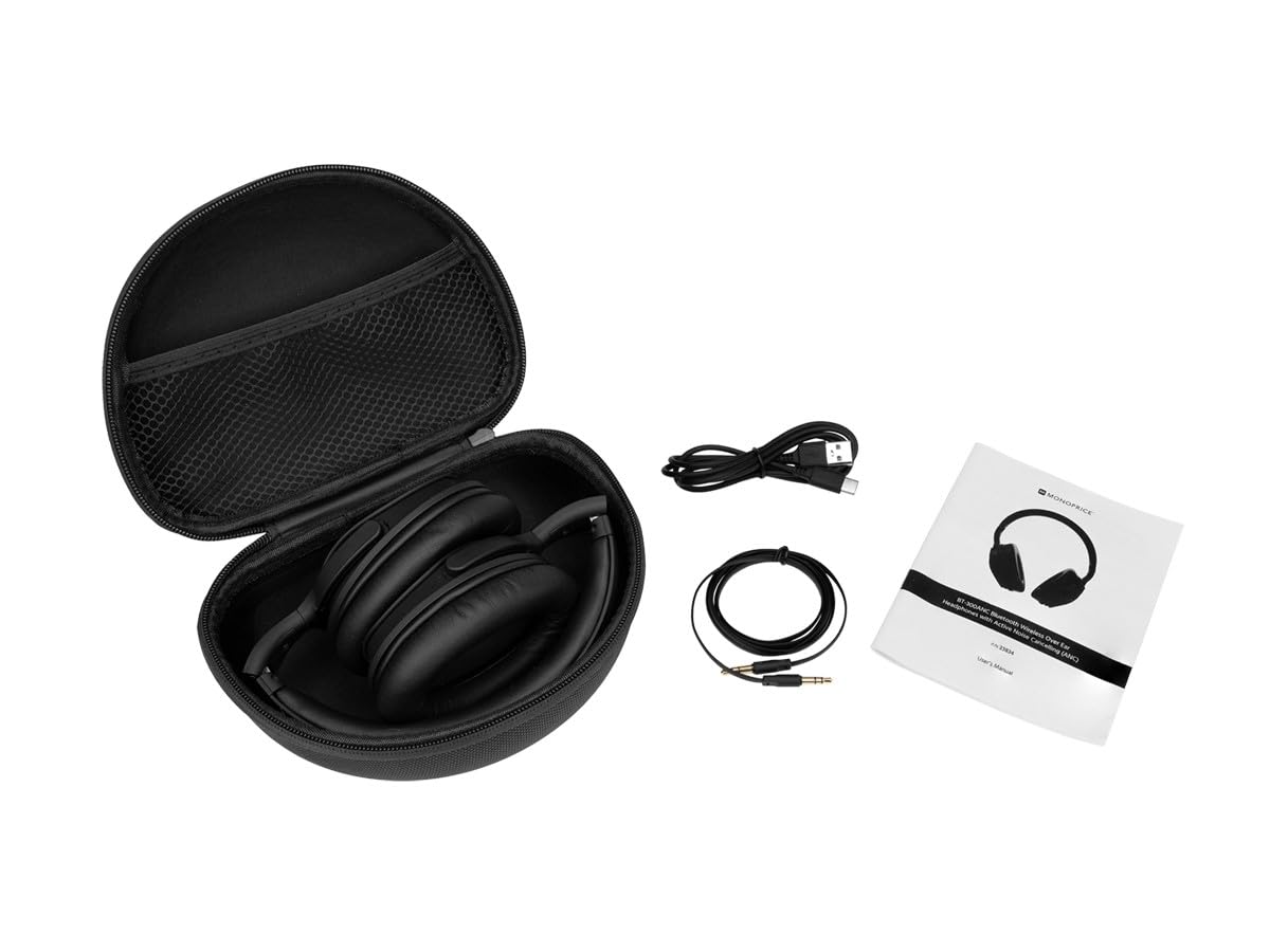 Monoprice Wireless Over Ear Headphones with Active Noise Cancelling (ANC) - Bluetooth 5.0, 40mm Drivers, Qualcomm aptX Audio, 30+ Hour Playtime - Perfect for Travel, Work & Commuting (Black)