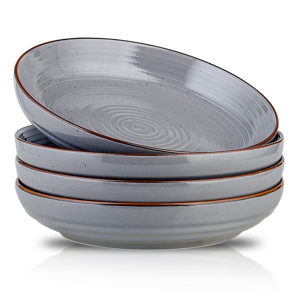 HVH 9.2 Inch Large Pasta Bowls Set of 4 - 40oz Big Salad Bowls, Ceramic Dinner Plates & Shallow Serving Dishes - Microwave & Dishwasher Safe Farmhouse Style (Grey) - Perfect for Pasta, Salad, Soup & Family Dinners