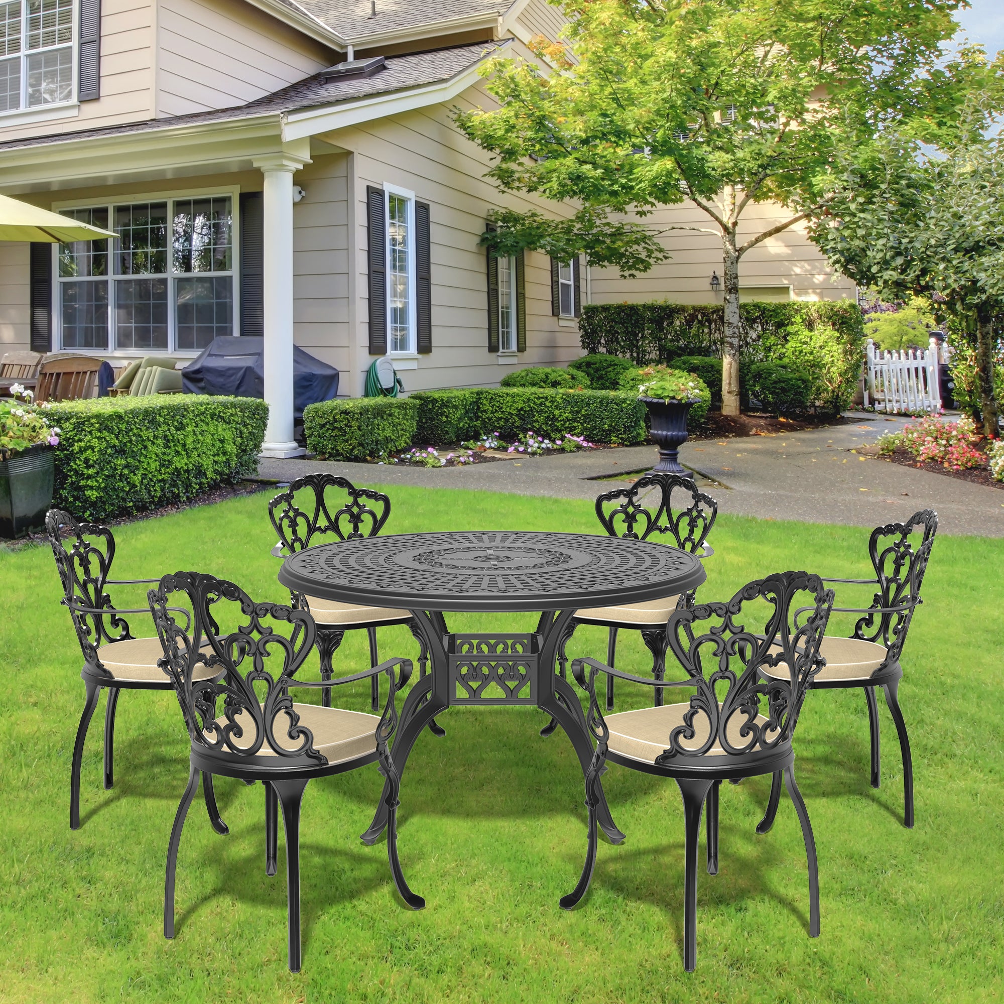 7-Piece Cast Aluminum Patio Furniture Set with Cushions - Outdoor Dining & Lounge Set for Garden, Poolside, Backyard - Comfortable & Weather-Resistant (Random Color Cushions)
