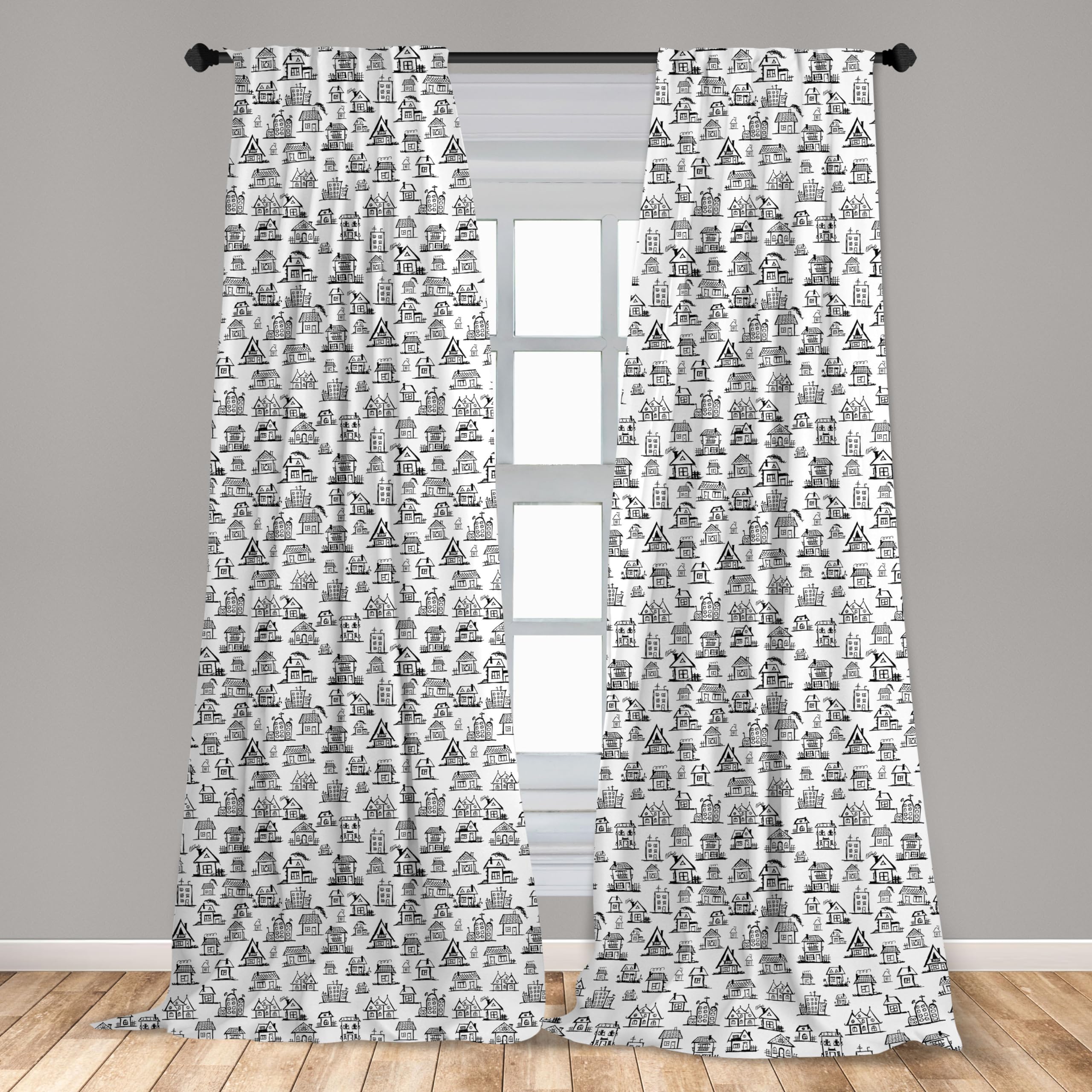 Ambesonne Black and White City Window Curtains - Hand Drawn Monochrome Doodle Architecture Design, 2-Panel Set with Rod Pocket (28
